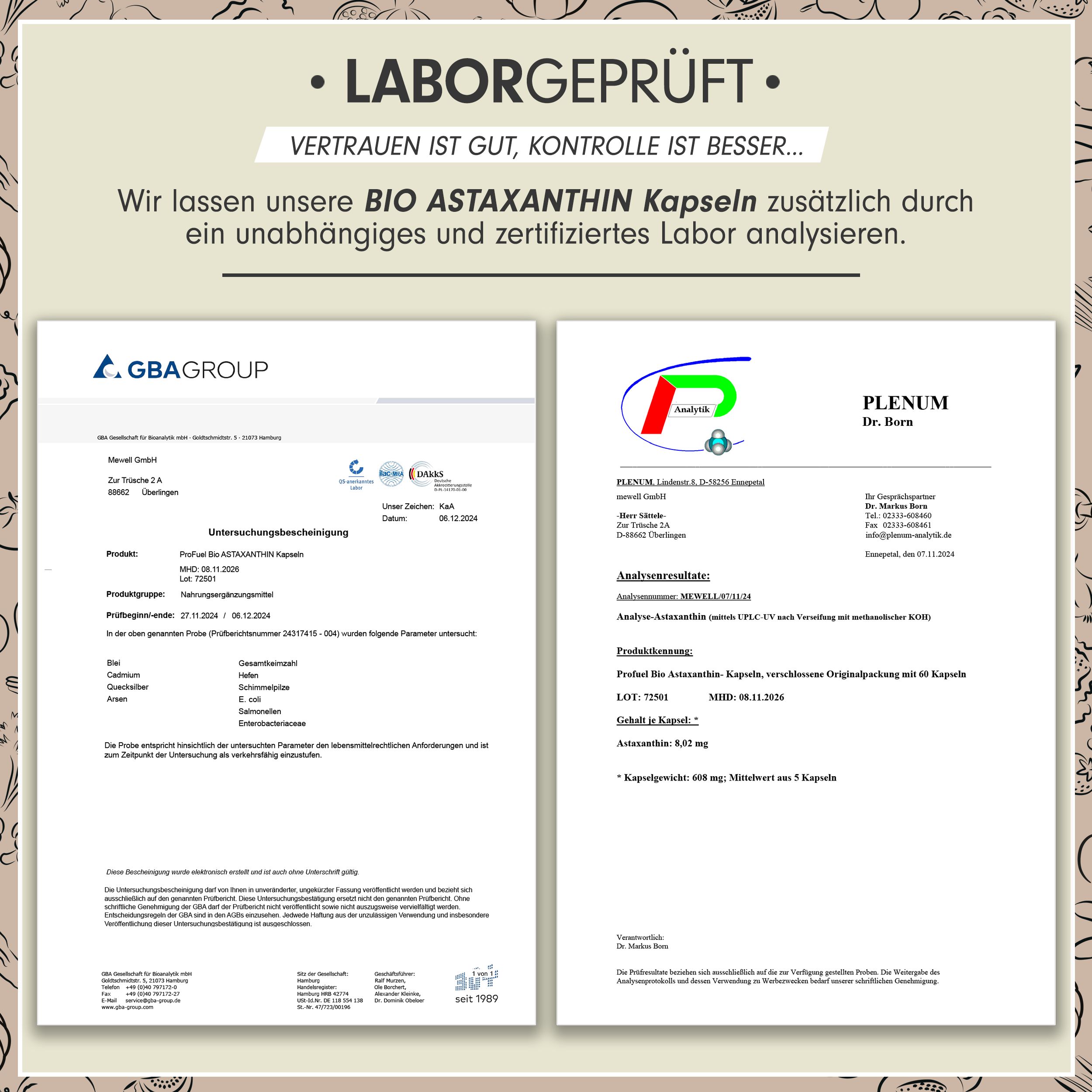 Zwei Laborzertifikate für 'Bio Astaxanthin Kapseln'. Zertifikate von GBA Group und Plenum Dr. Born. Bestätigen die Analyse der Kapseln.