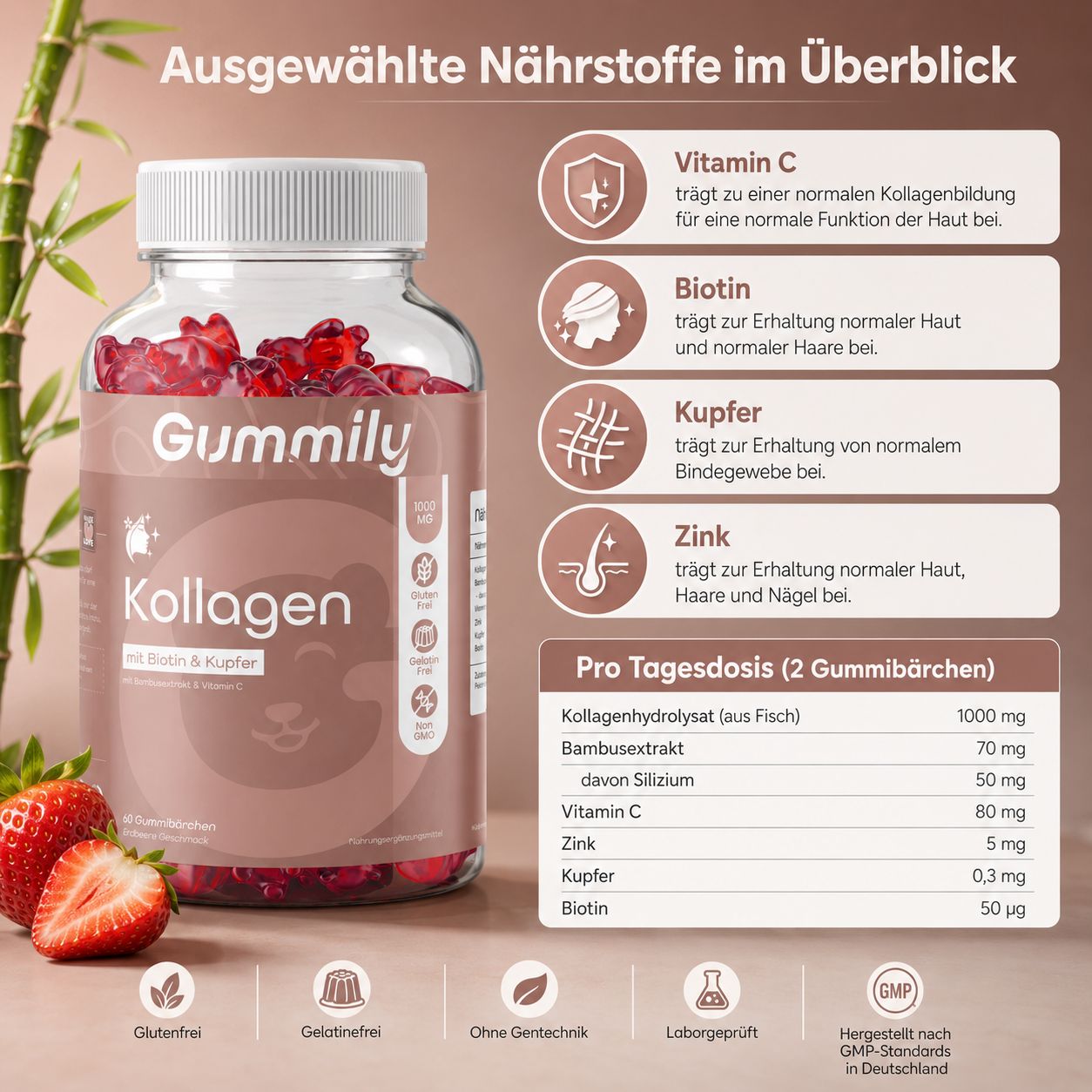 Gummily Kollagen Komplex Flasche mit Übersicht ausgewählter Nährstoffe und Inhaltsangaben.