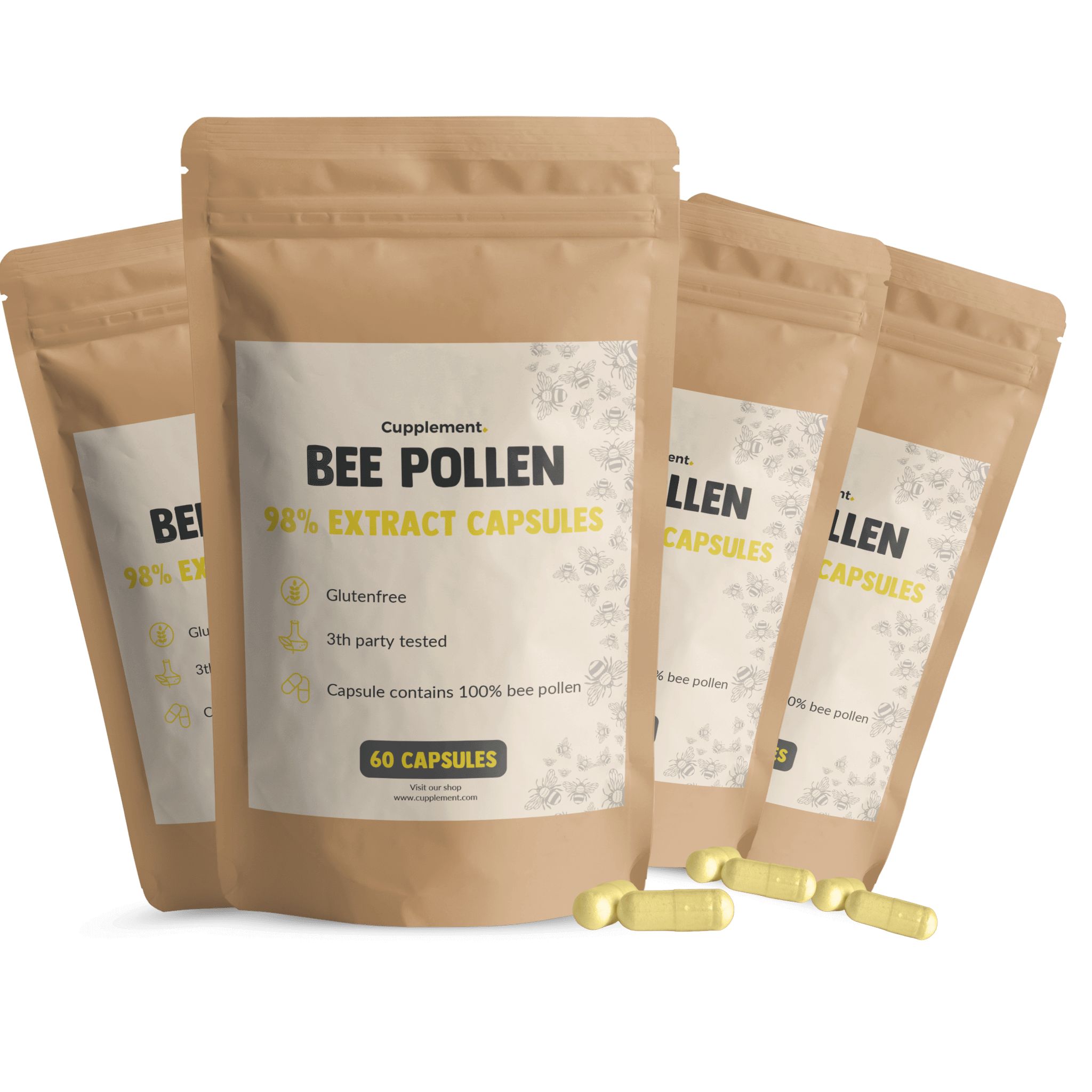 Mehrere Beutel mit Kapseln. Aufschrift: Bee Pollen 98% Extract Capsules. 60 Kapseln. Glutenfrei.