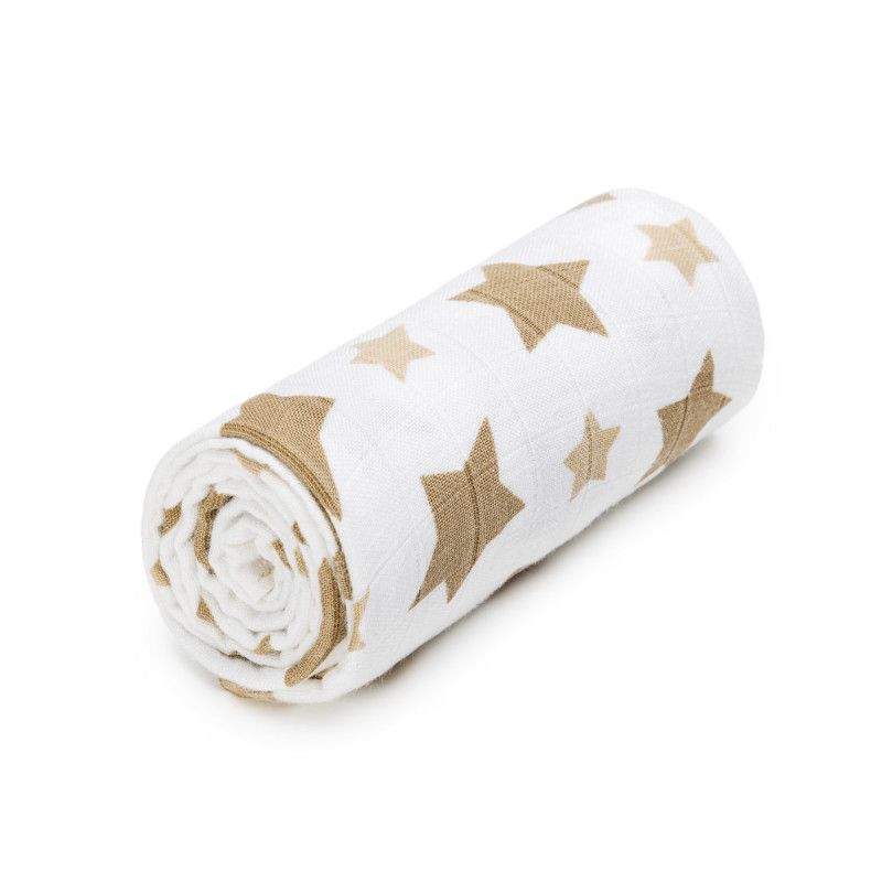 Baby-Swaddle aus weißem Stoff mit braunen Sternen. Stoff ist gerollt.
