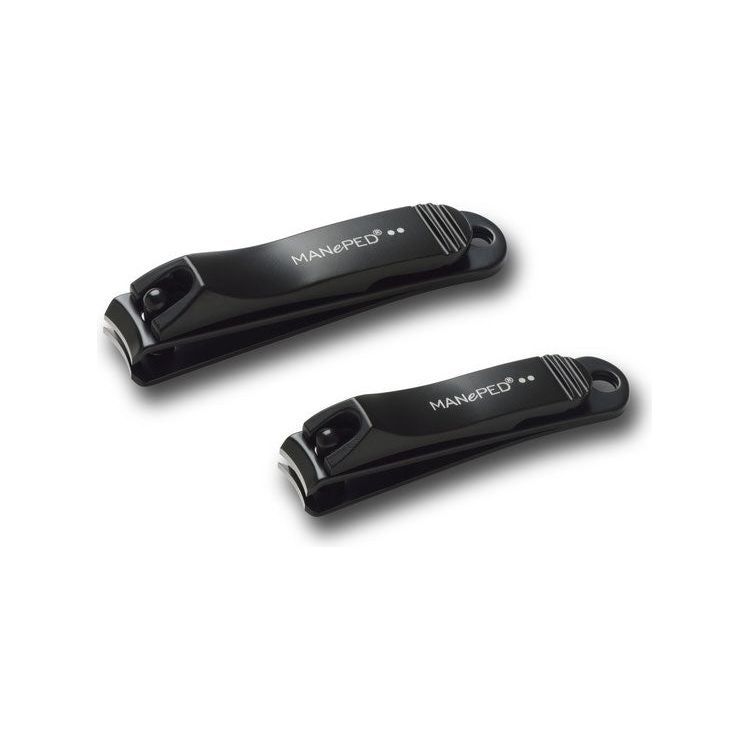 Zwei schwarze Nagelknipser. MANePED ist auf jedem zu sehen. Aus Edelstahl.