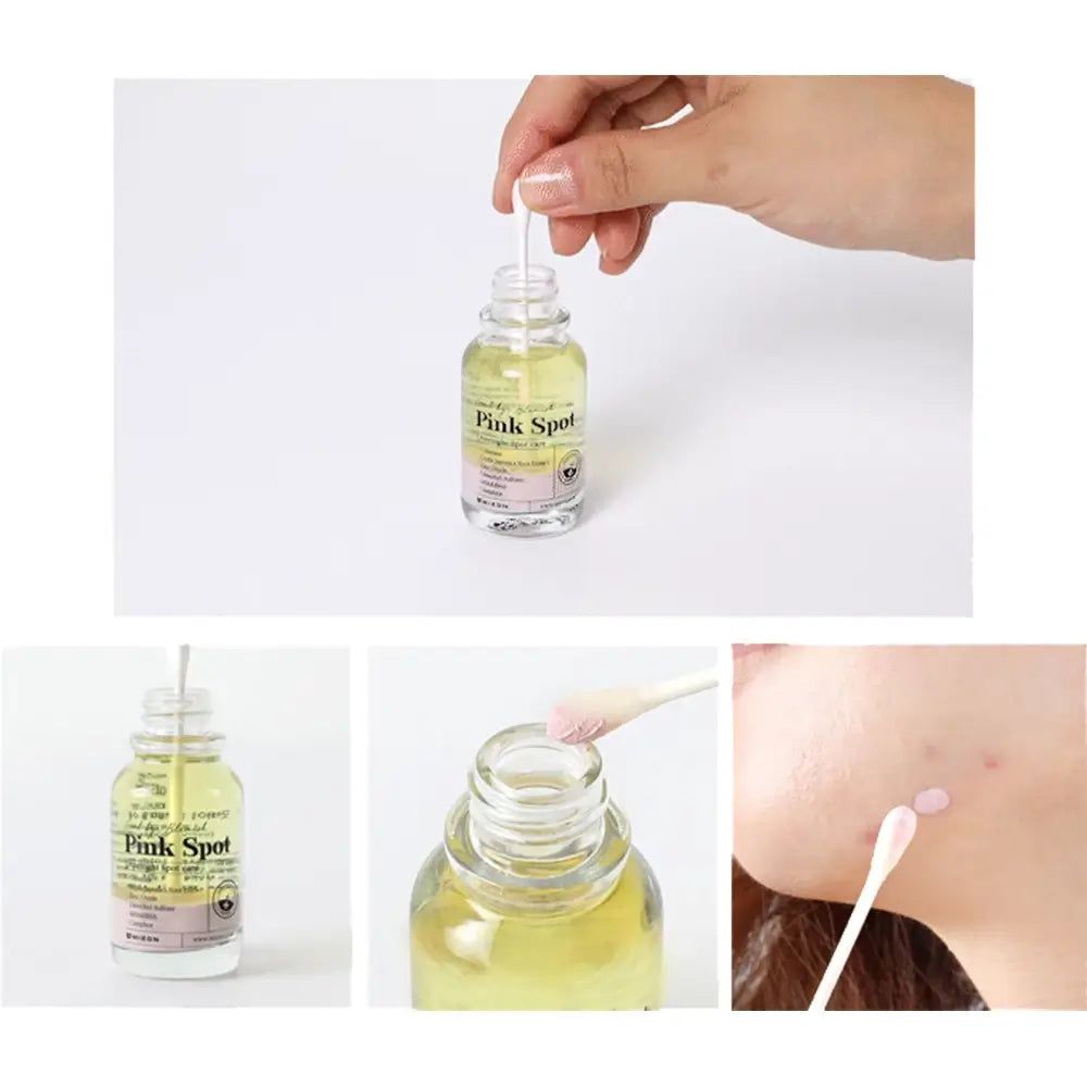 Drei Bilder zeigen die Anwendung von Good bye Blemish Pink Spot. Fläschchen, Tupfer und Anwendung auf der Haut.