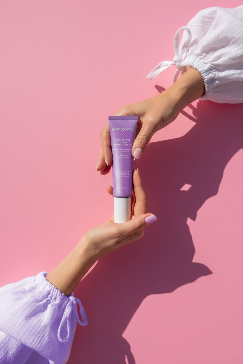 Hände halten eine lila Tube mit weißem Verschluss. Text: Glow Cocktail, Restore & Revive Collagen Eye Cream. Rosa Hintergrund.