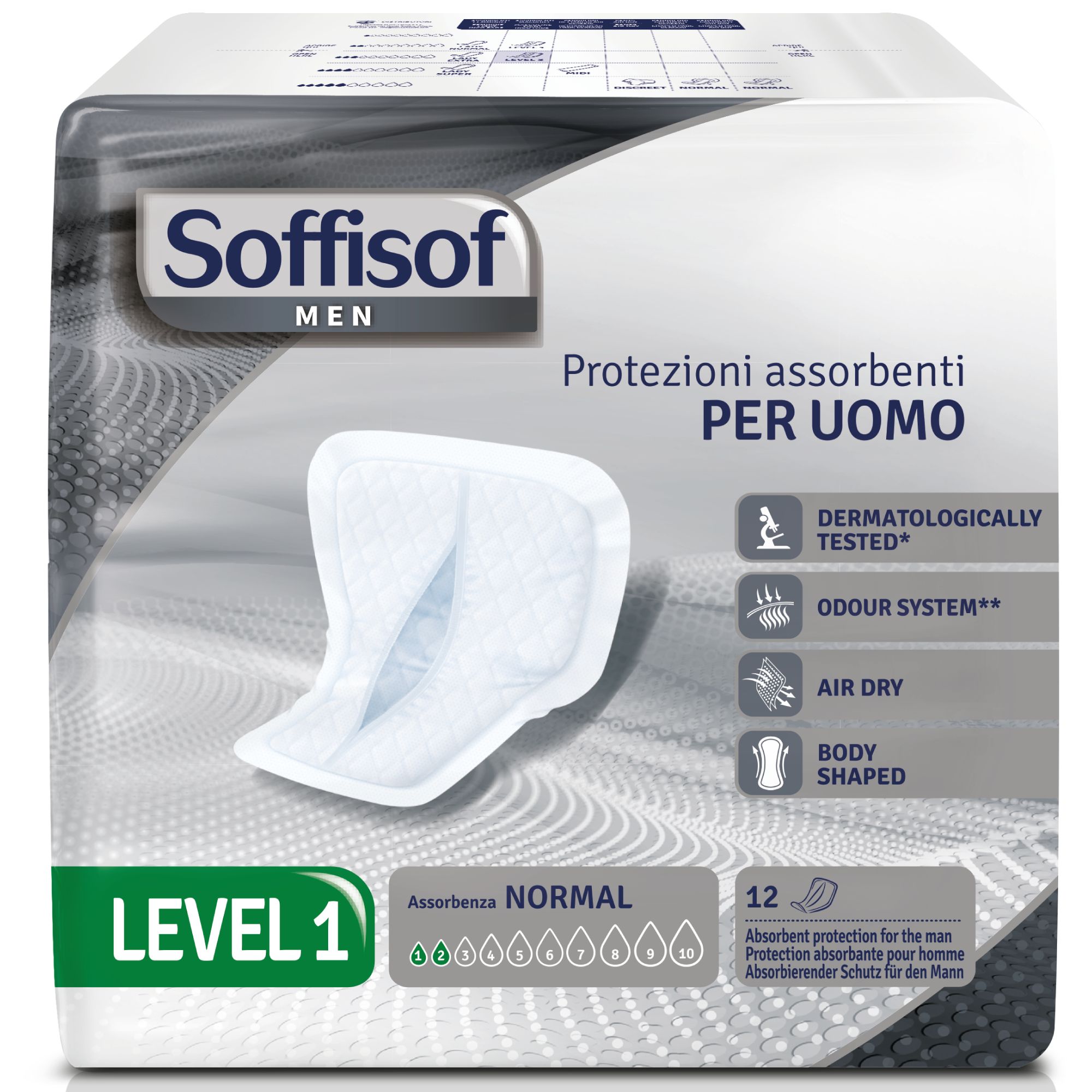 Soffisof Men Level 1 Inkontinenzeinlagen für Männer. Verpackung mit 12 Stück. Dermatologisch getestet, geruchsneutral, atmungsaktiv, körpergerecht.