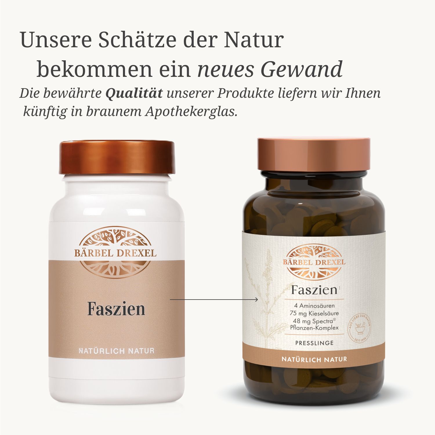 Vergleich: Weißes und braunes Apothekerglas. Links: Weißes Glas mit Etikett. Rechts: Braunes Glas mit Etikett. Marke: Bärbel Drexel.