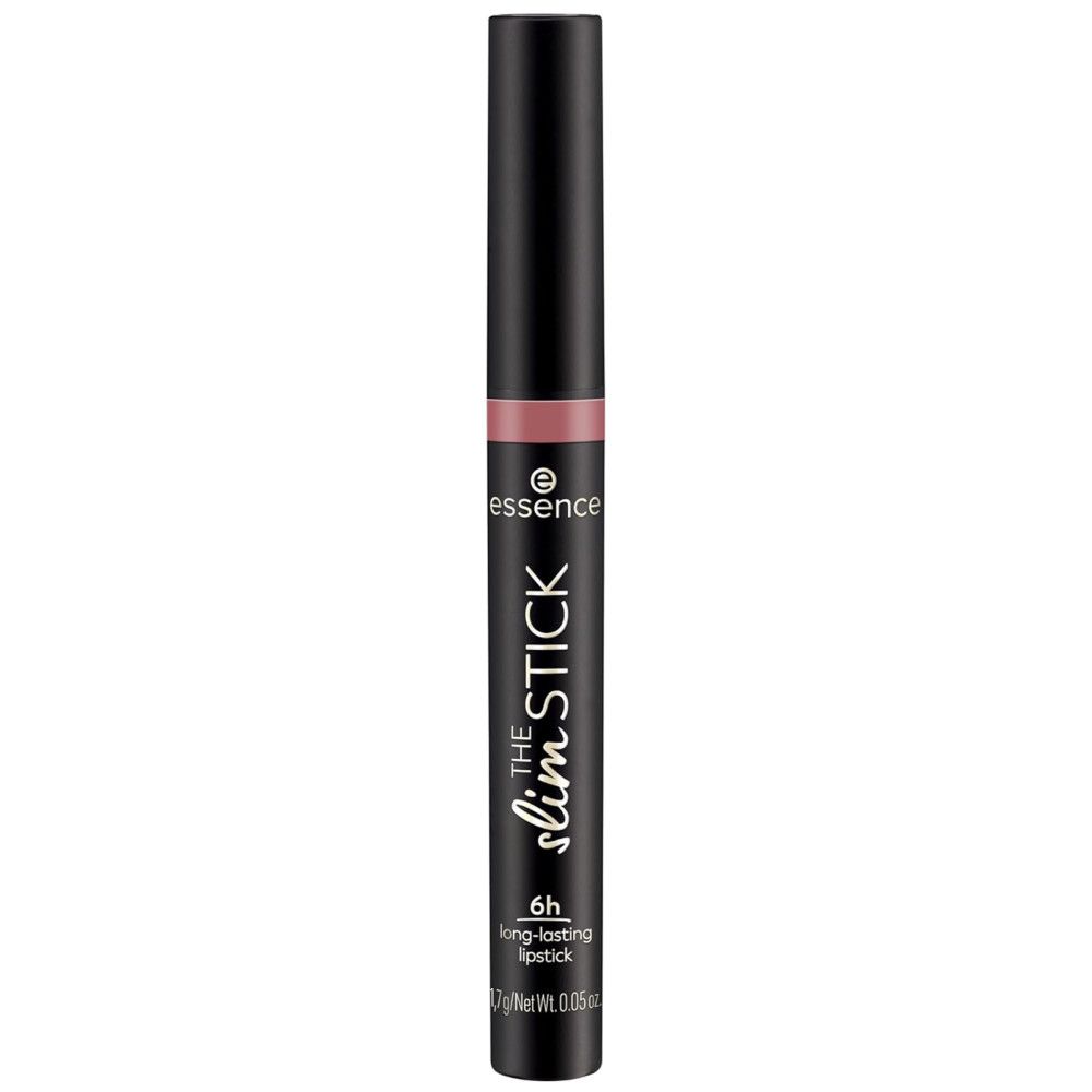 Lippenstift "The Slim Stick" von Essence. Schwarze Hülse, rosafarbene Spitze. Schriftzug "Essence" und "The Slim Stick".