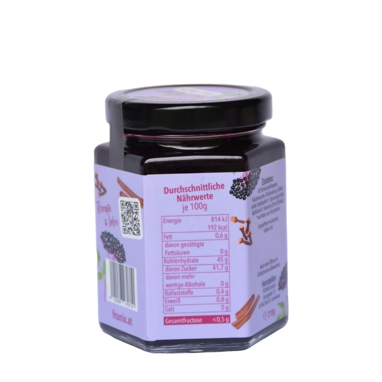 Glas Frunix Fruchtaufstrich Holunder-Zimt, Rückseite. Lila Etikett mit Nährwertangaben und Illustrationen. Schwarzer Deckel.