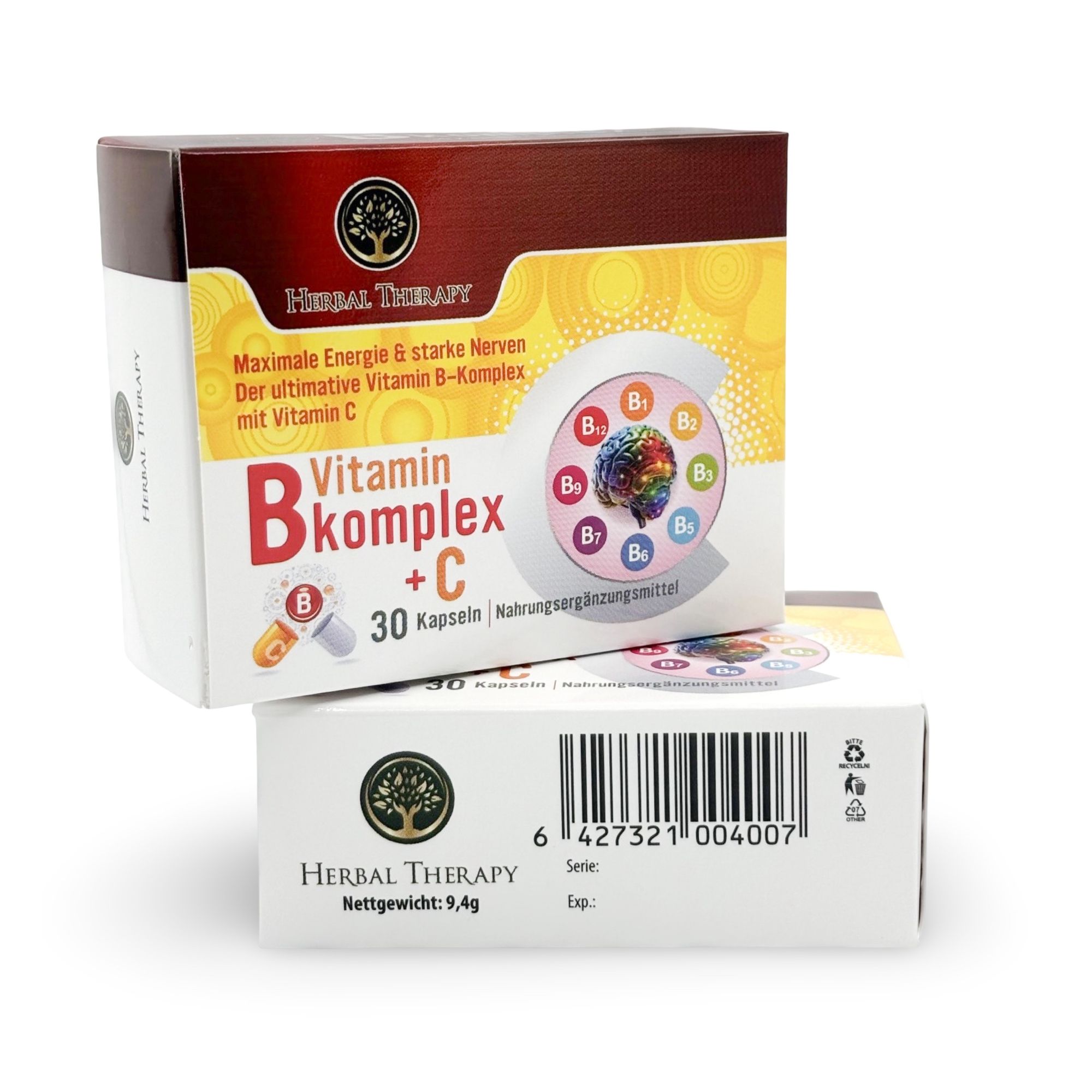 Zwei Vitamin B-Komplex + C-Verpackungen. Aufschrift: Herbal Therapy, Vitamin B-Komplex + C, 30 Kapseln. Untere Verpackung mit Barcode.