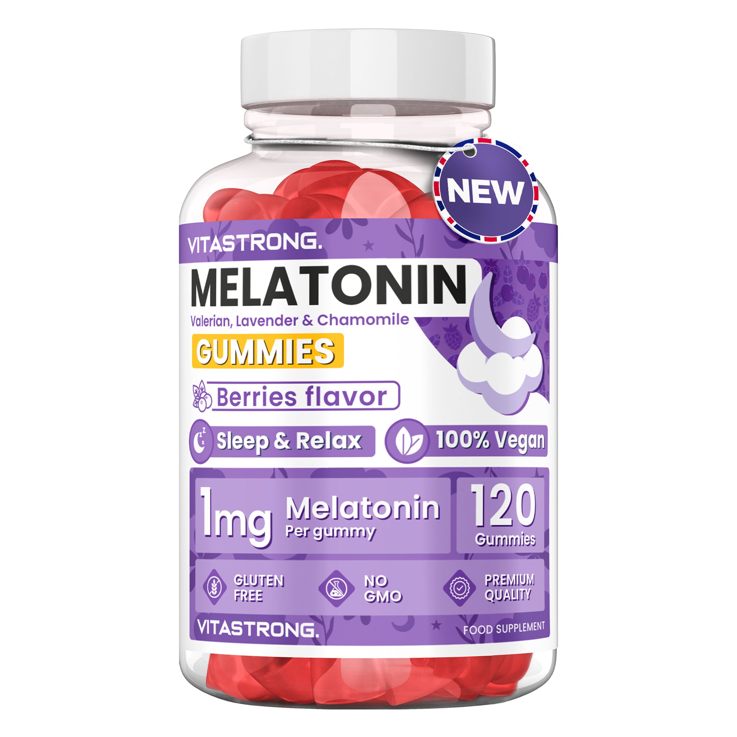 Vitastrong Melatonin Gummies. Glas mit roten Gummibärchen. Aufschrift: Melatonin Gummies, 120 Stück, 1mg Melatonin.