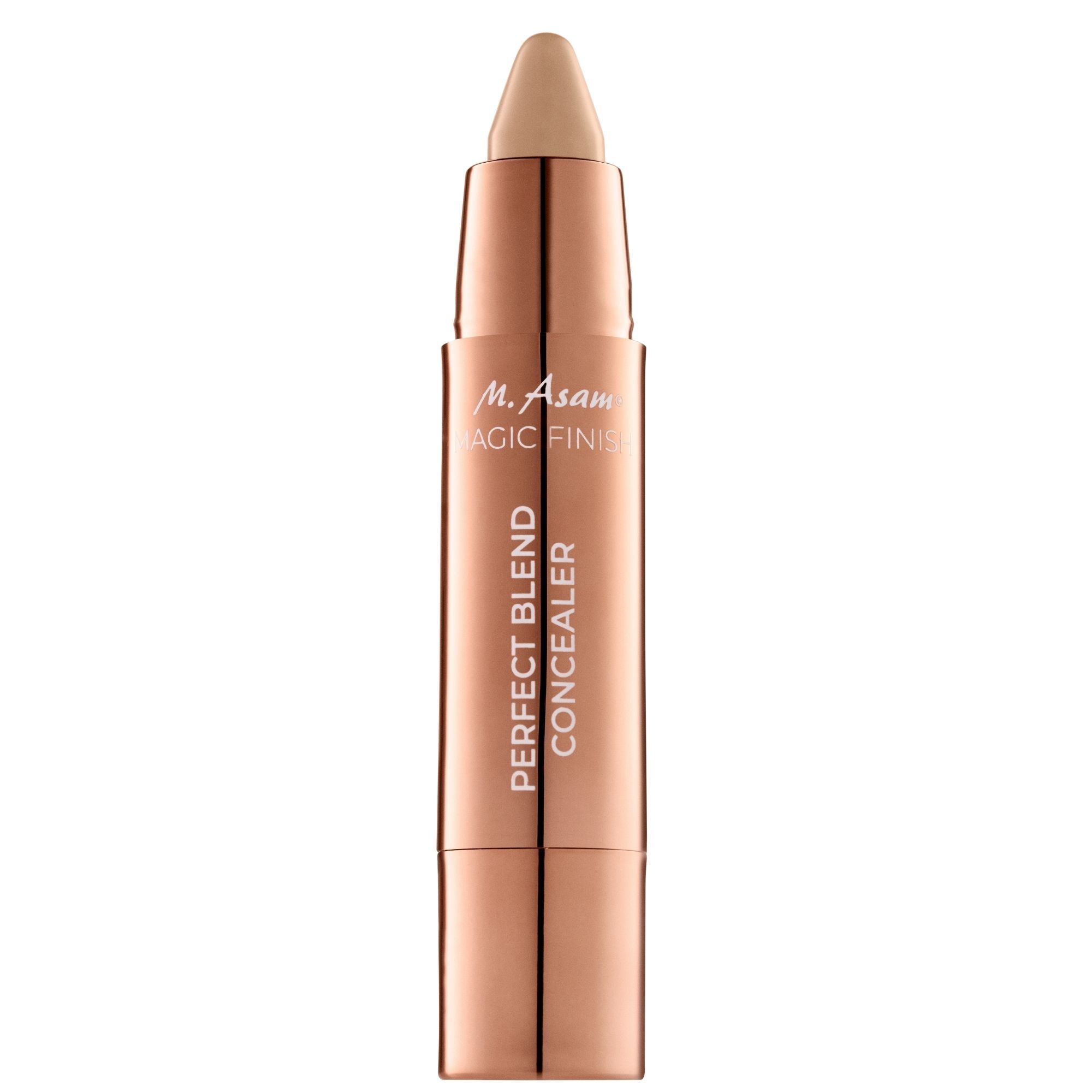 Concealer-Stift. Goldfarbener Stift mit beiger Spitze. Text: M. Asam MAGIC FINISH PERFECT BLEND CONCEALER.