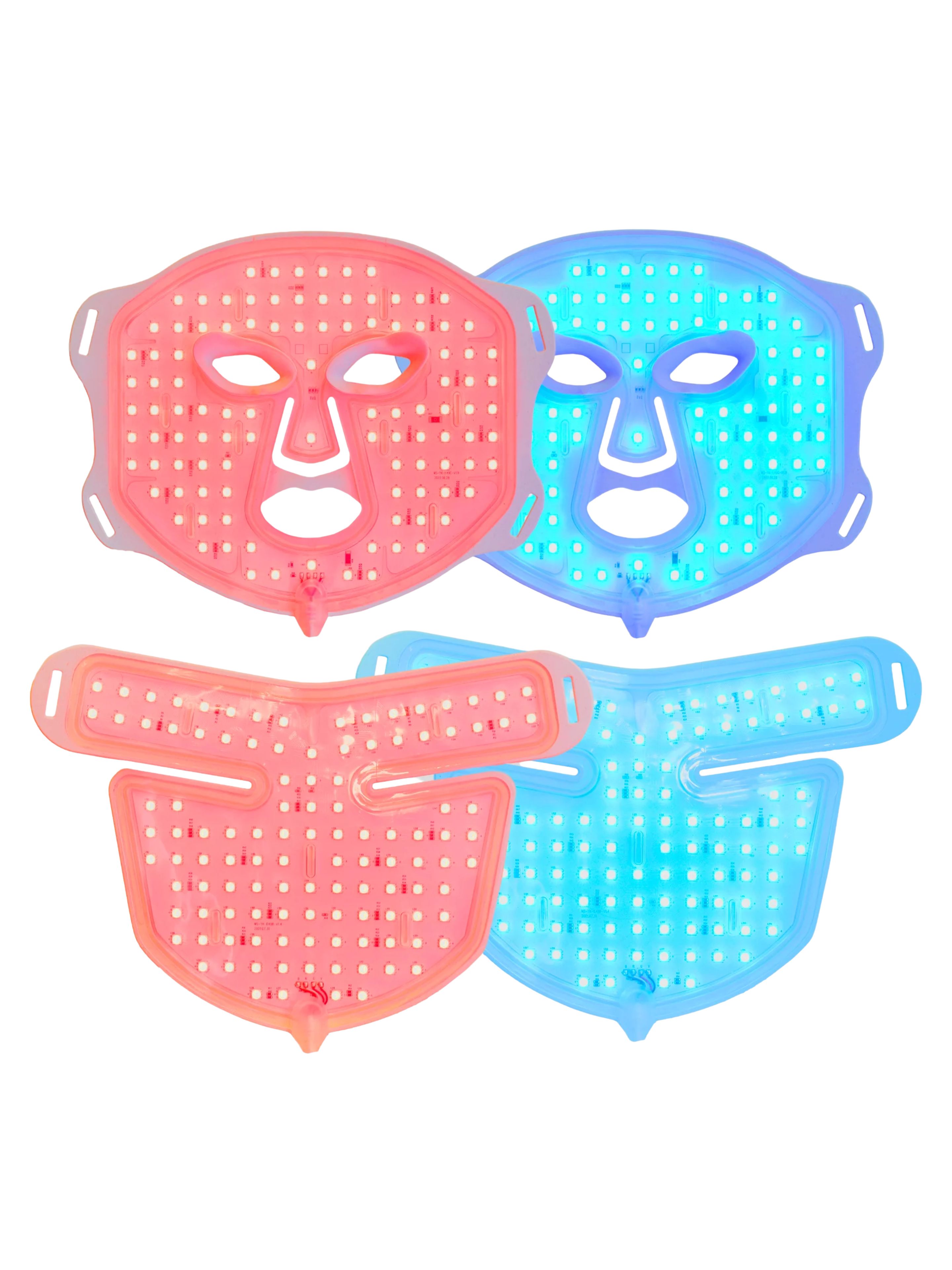 Zwei Paar Silikon-LED-Masken und Halsmasken in Pink und Blau.