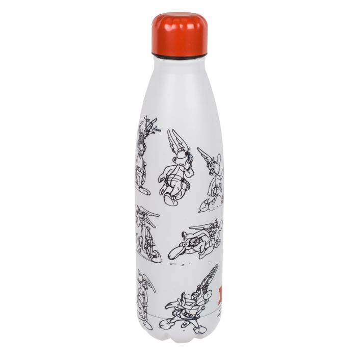 Weiße Trinkflasche mit rotem Deckel und Asterix-Zeichnungen. Metallflasche.