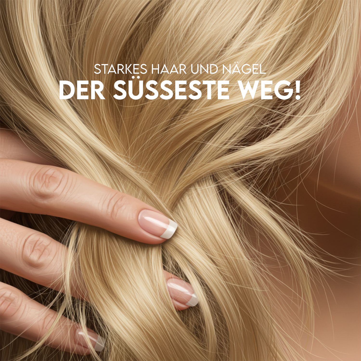 Frau kämmt ihr blondes Haar, ihre Nägel sind manikürt. Text: Starkes Haar und Nägel, der süßeste Weg!