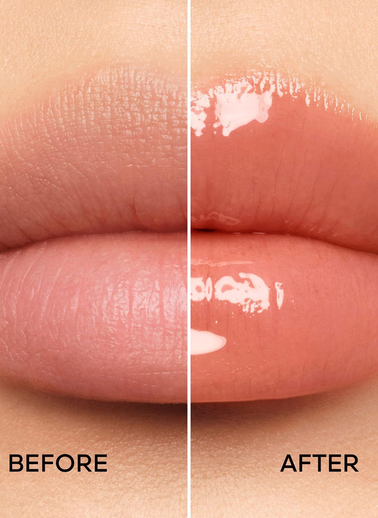 Lippen vor und nach dem Auftragen. Links: Lippen ohne Produkt. Rechts: Lippen mit glänzendem, pfirsichfarbenem Glanz. Text: BEFORE, AFTER.