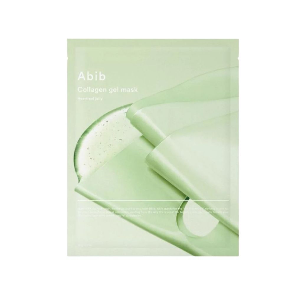 Grüne Verpackung mit Produkt. Aufschrift: Abib Collagen Gel Mask Heartleaf Jelly. Gelmaske teilweise sichtbar.