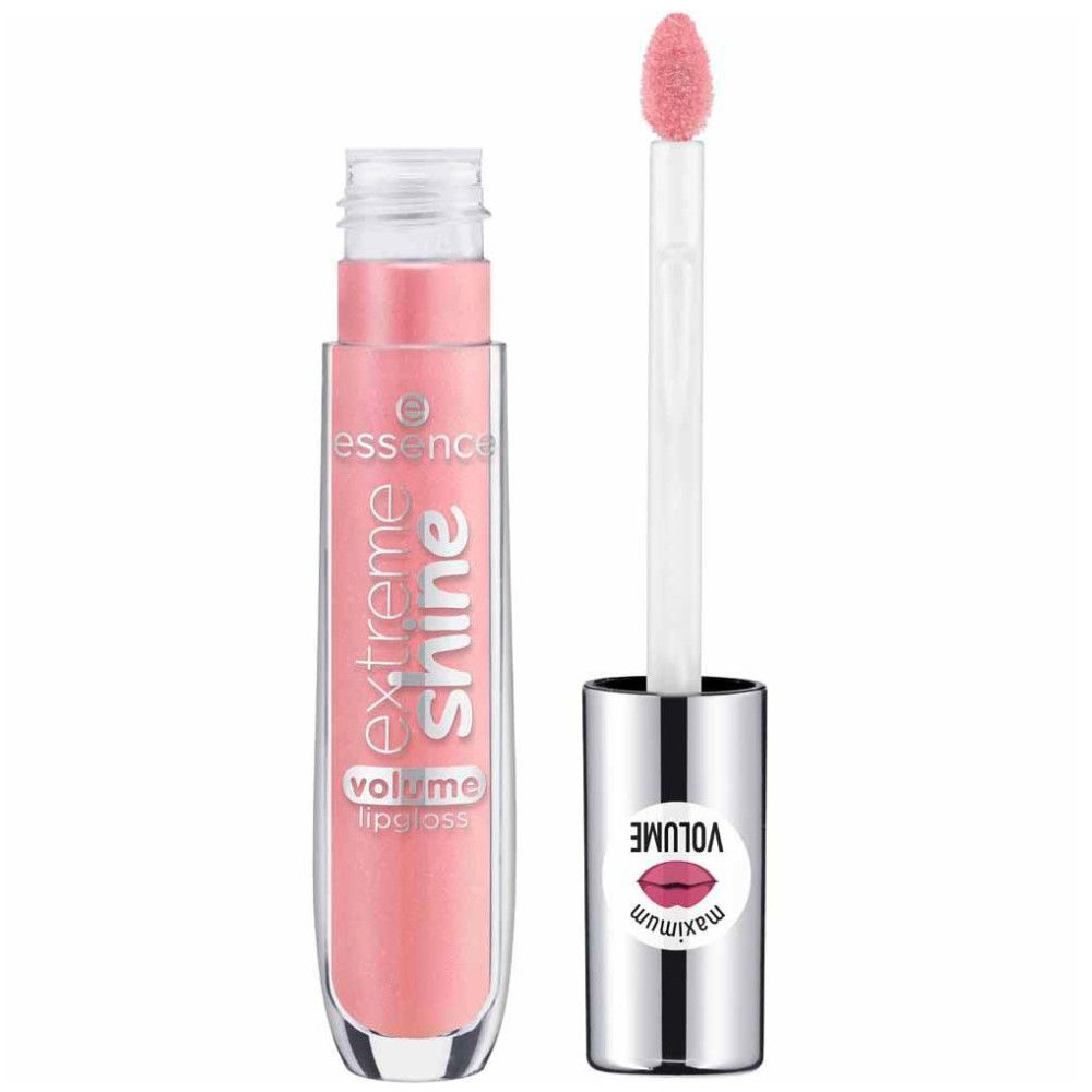 Lipgloss-Tube mit geöffnetem Deckel und Applikator. Rosa Inhalt, transparente Tube. Aufschrift: Extreme Shine, Volume Lipgloss. Silberner Deckel.