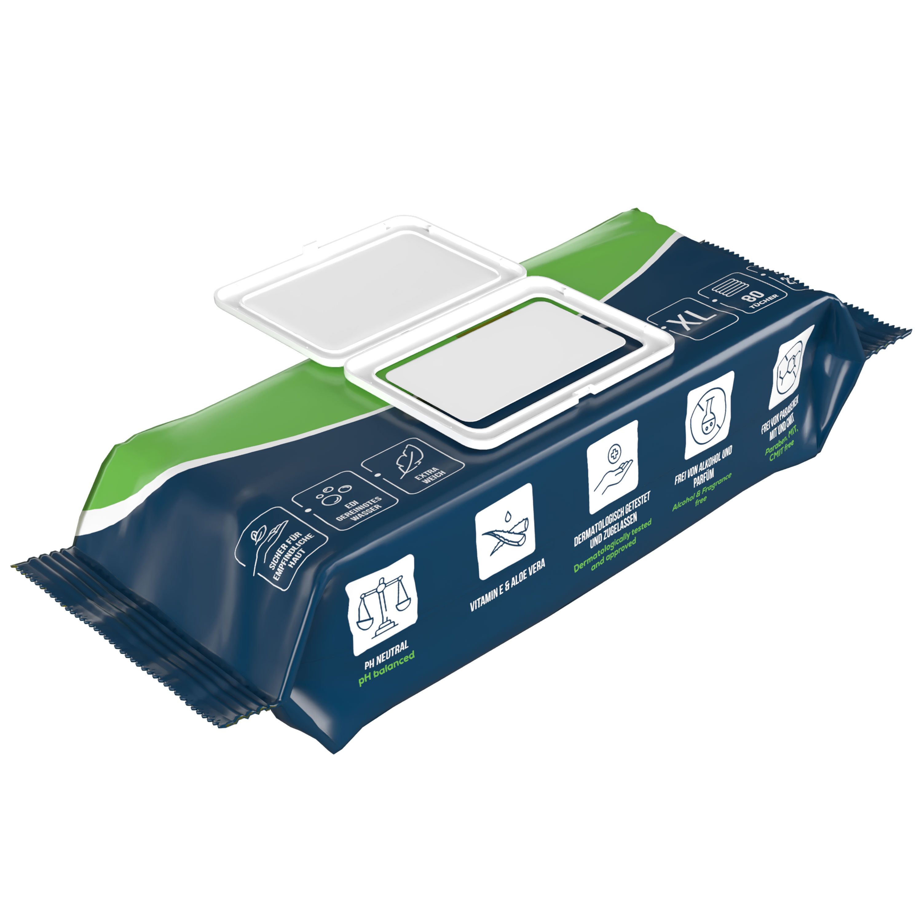 Packung Feuchttücher, blaue Verpackung mit grünen Akzenten. Offener Deckel. XL-Größe. Symbole: pH-neutral, Vitamin E & Aloe Vera, etc.