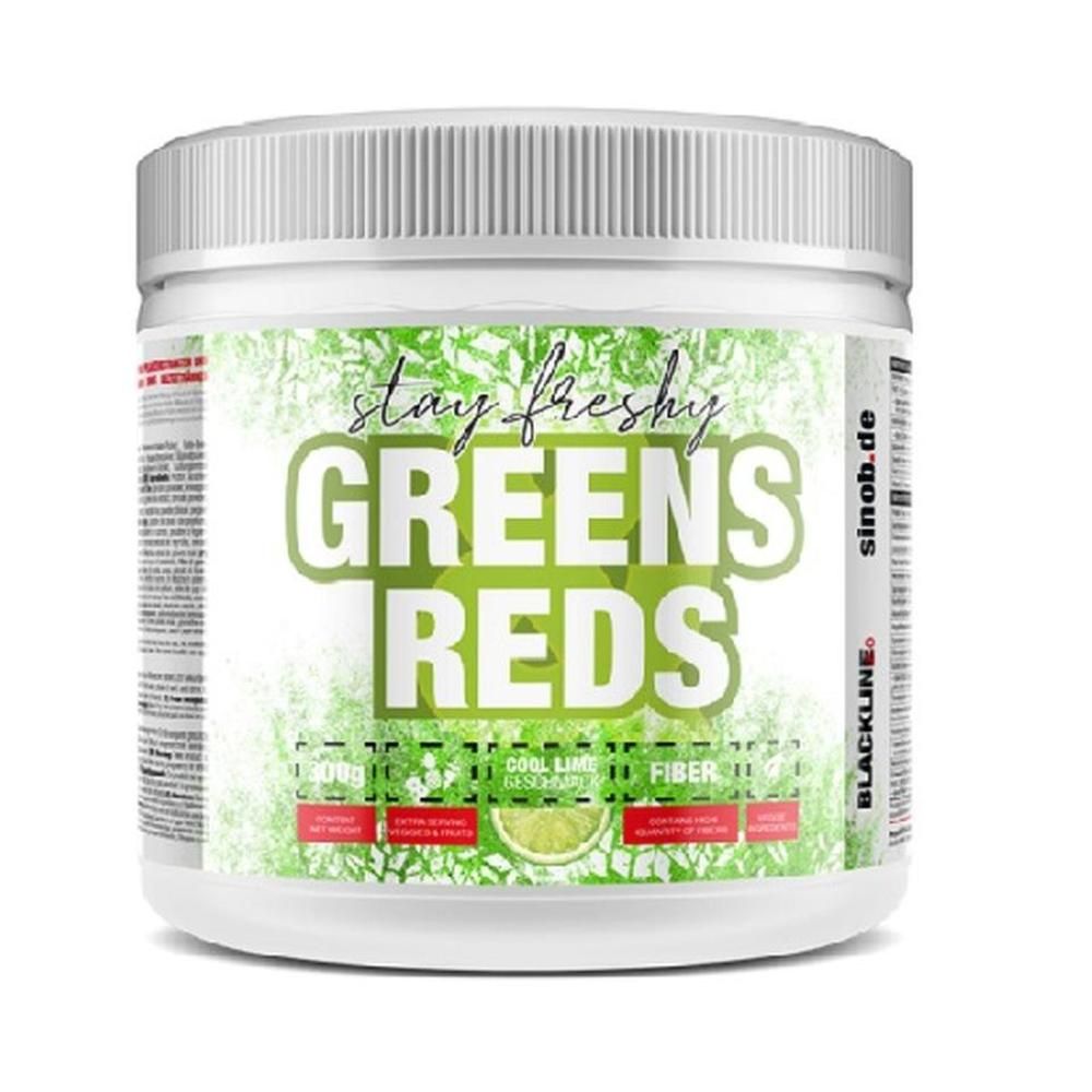 Weißer Behälter mit Deckel. Aufschrift "GREENS REDS". Logo und Text "stay freshy". Marke "sinob.de".