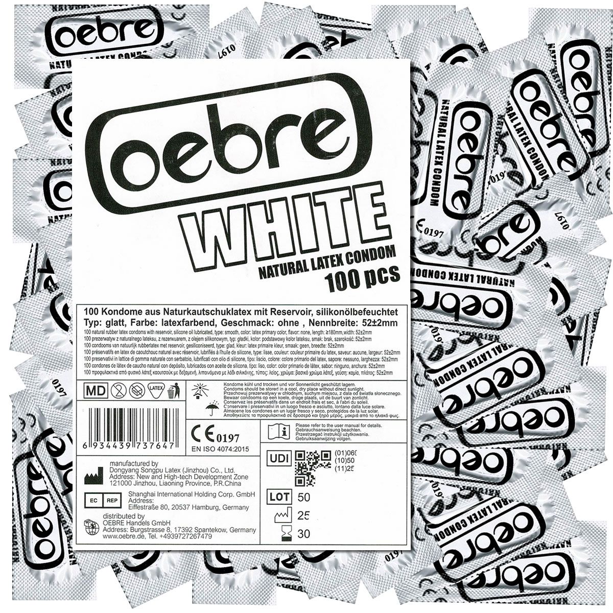 Verpackung mit Kondomen. Aufdruck: Oebre White, Natural Latex Condom, 100 Stück. Mit CE-Kennzeichnung.
