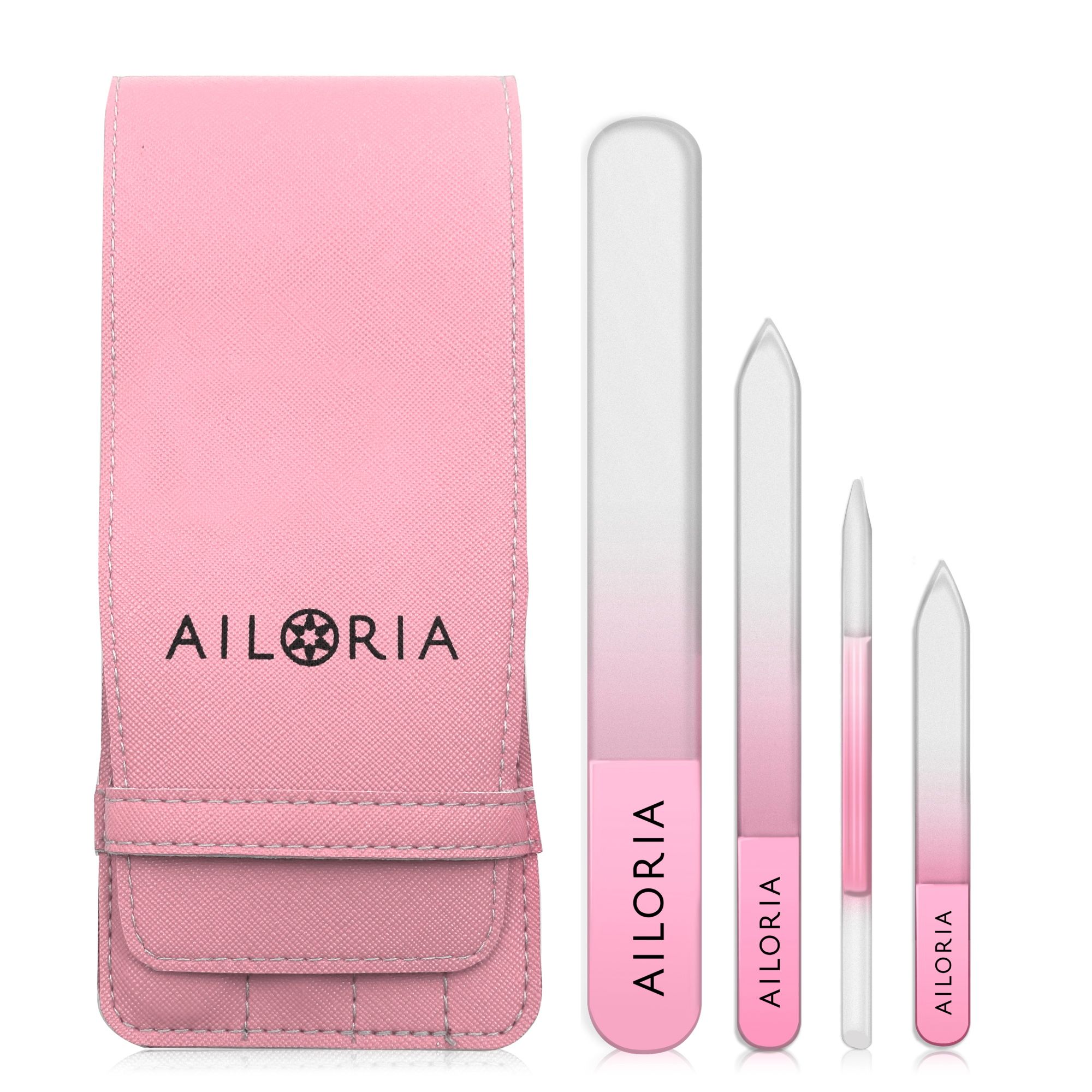 Nagelfeilen-Set mit Etui. Rosa Etui mit Logo. Vier Glasfeilen in verschiedenen Formen und Größen. Rosa Akzente mit Markenname.