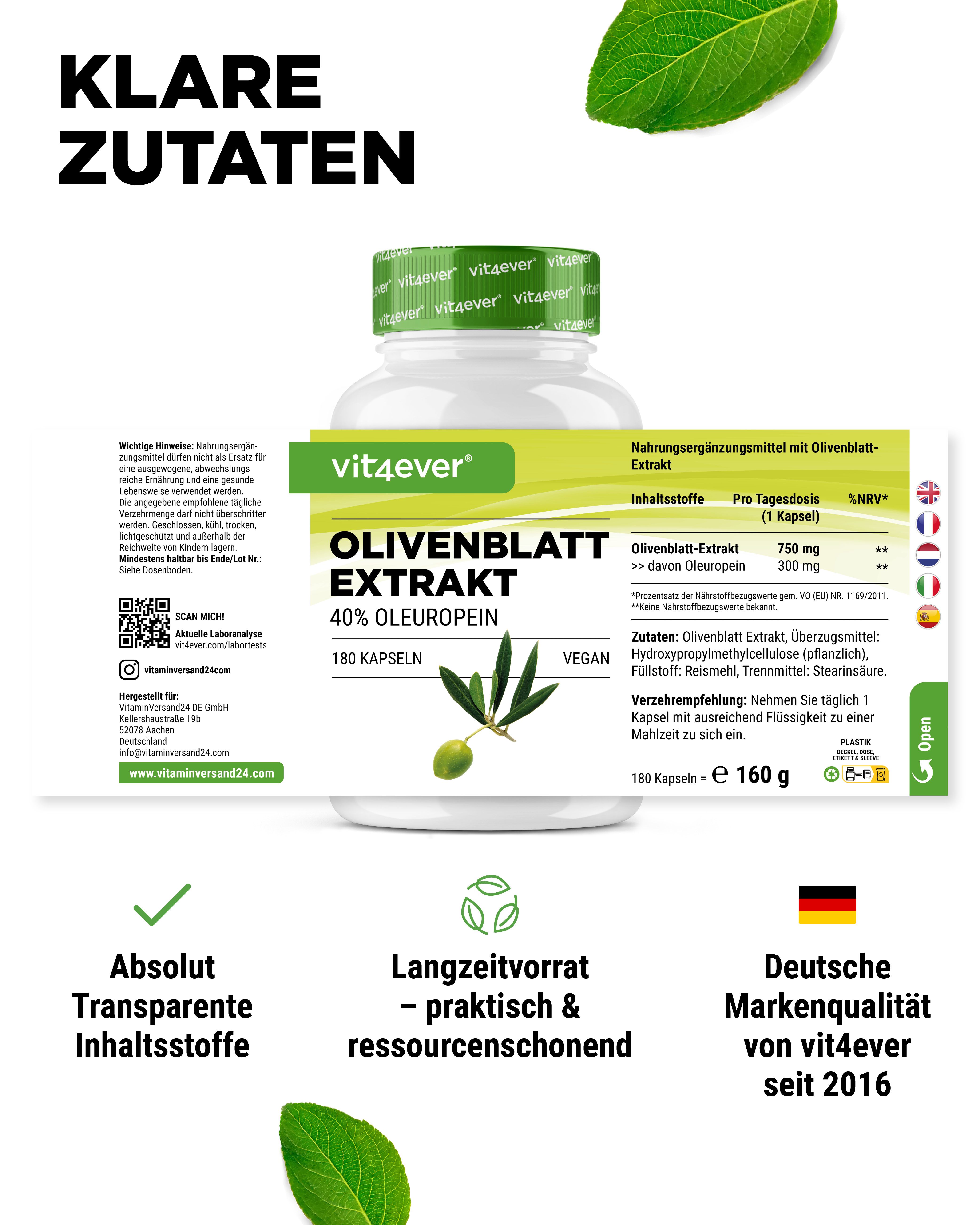 Flasche vit4ever Olivenblatt Extrakt 40% Oleuropein, 180 Kapseln. Text: Klare Zutaten. Symbole: transparente Inhaltsstoffe, Langzeitvorrat.