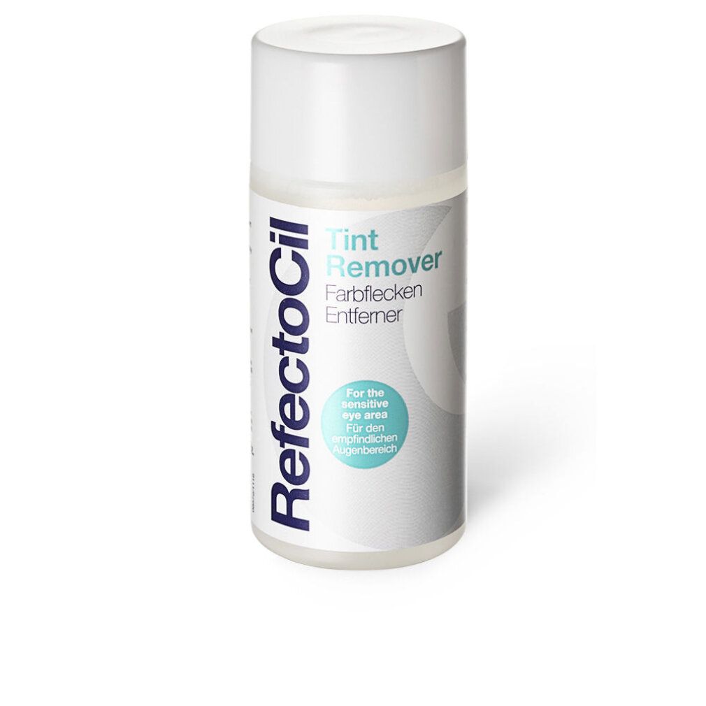 Weiße Flasche RefectoCil Tint Remover. Text: Farbfleckenentferner. Für die empfindliche Augenpartie. Türkisfarbener Kreis.
