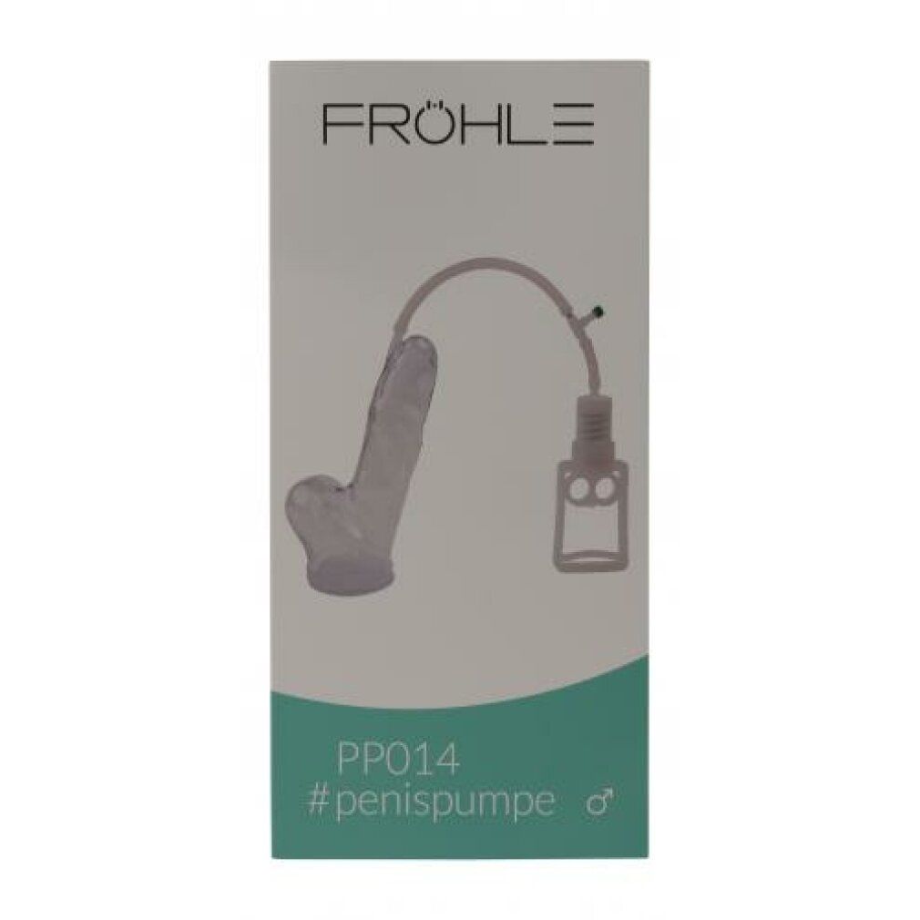 Verpackung mit Fröhle PP014 Penispumpe. Produktname und Logo sichtbar. Transparentes Pumpengehäuse.