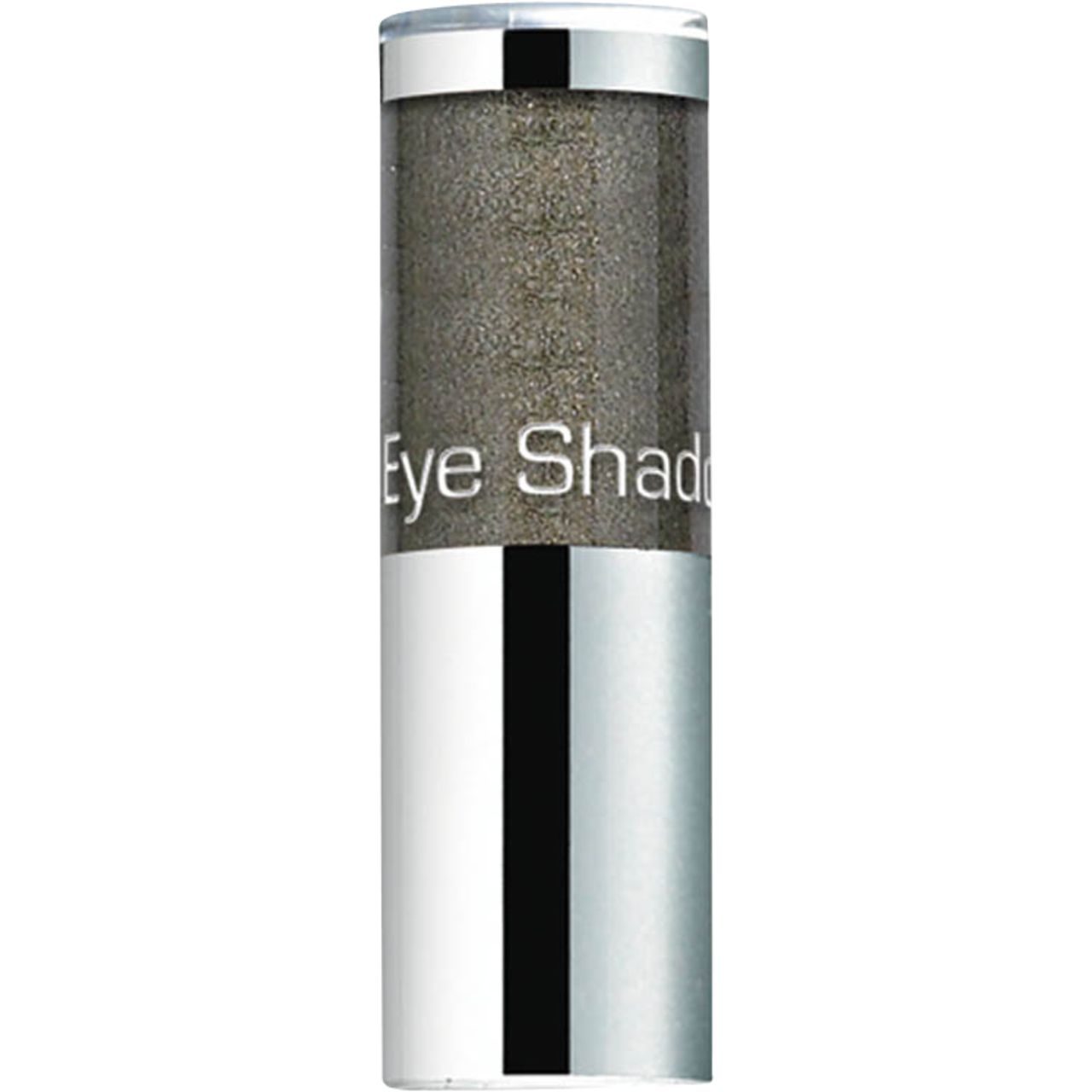 Zylindrischer Behälter mit silberfarbenem Boden und Deckel. Der obere Teil ist transparent mit glitzerndem Inhalt. Aufschrift: Eye Shadow.