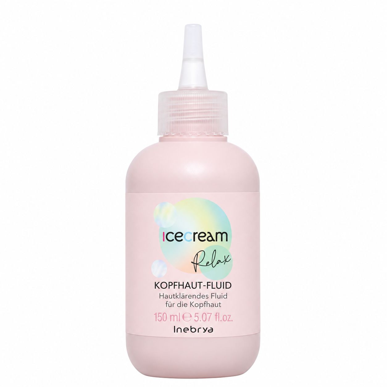 Inebrya Ice Cream Relax Kopfhaut-Fluid in rosa Flasche.
