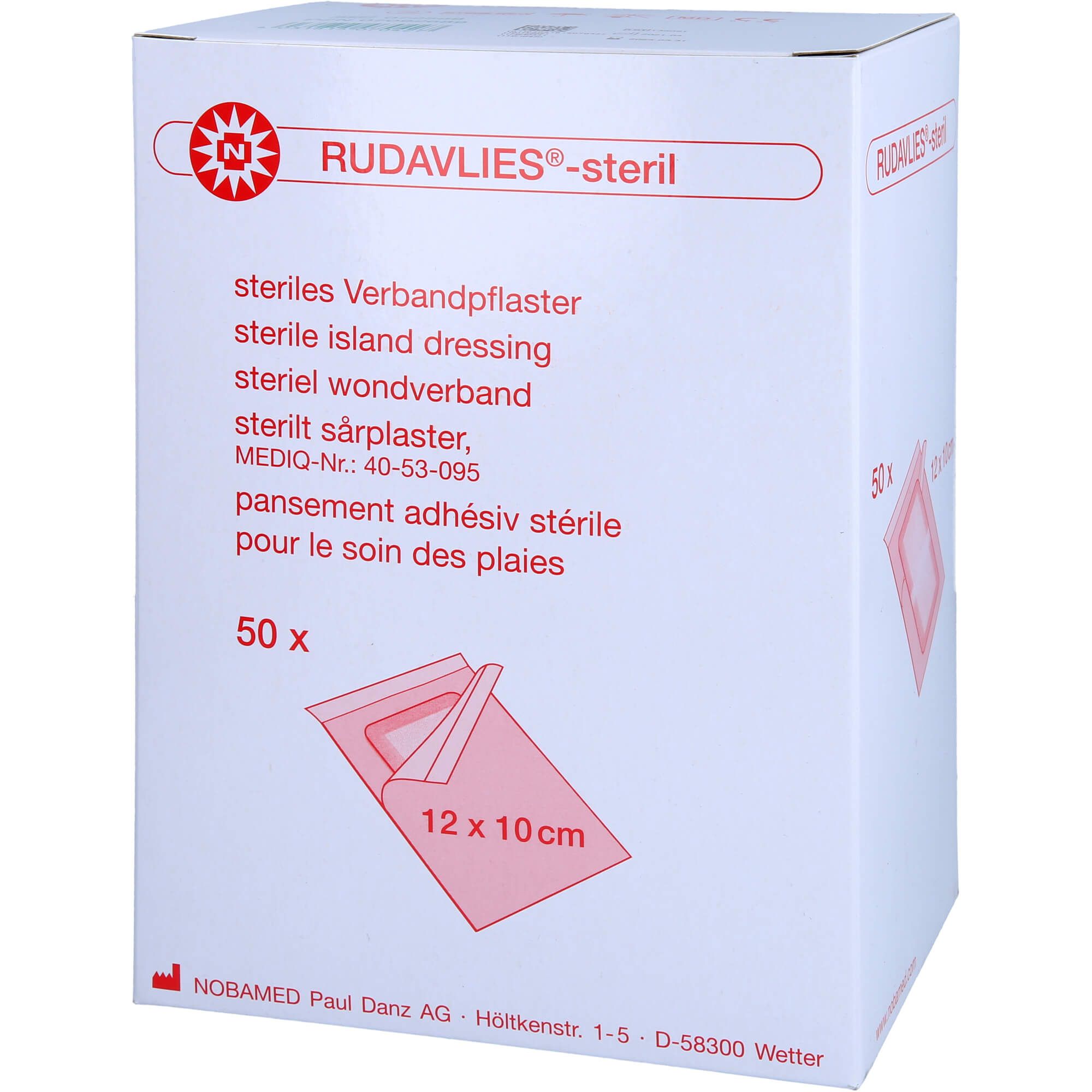 Weiße Verpackung mit rotem Logo und Produktbezeichnung. Text in Deutsch, Englisch, Niederländisch und Französisch. 50 Stück, 12 x 10 cm.