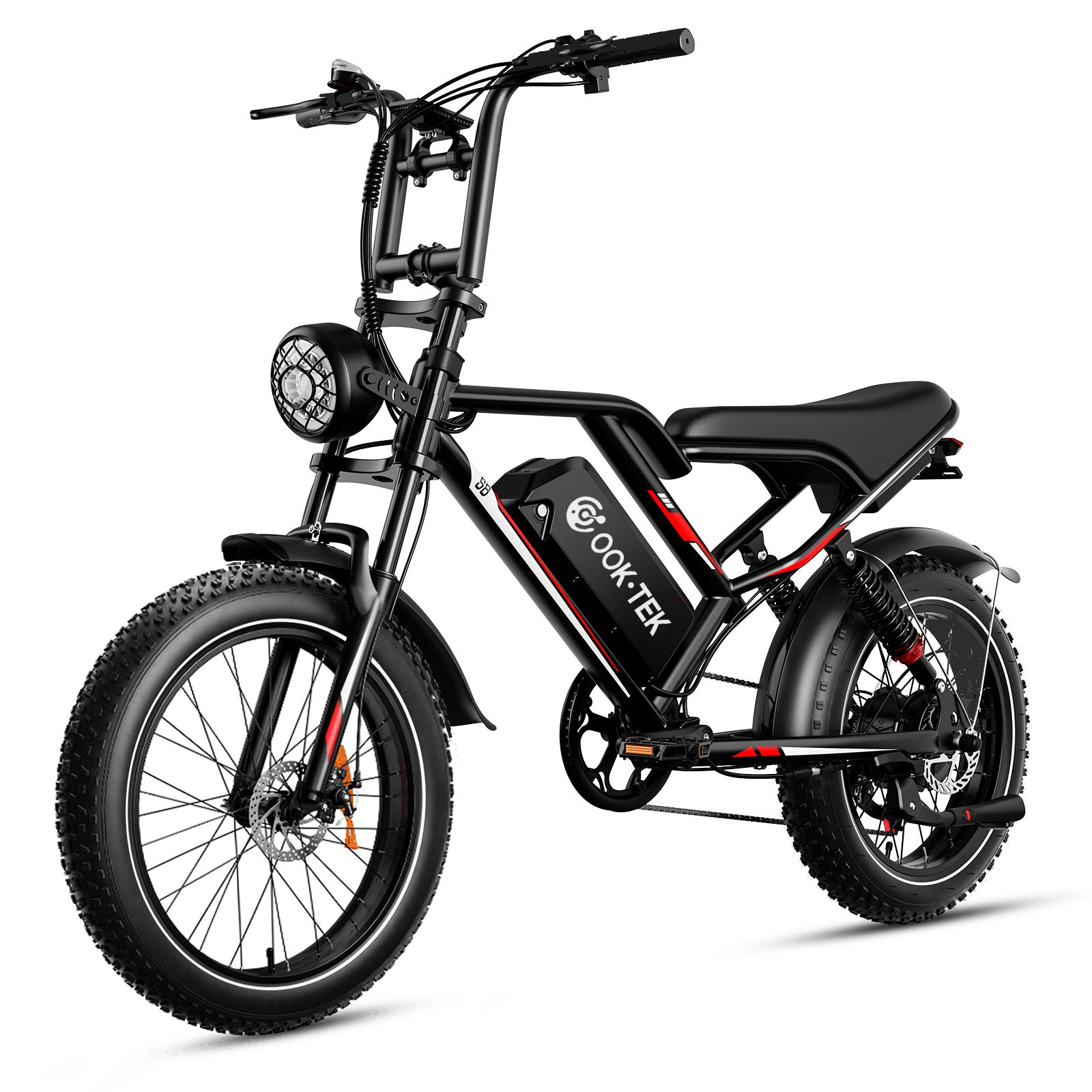 Schwarzes Elektrofahrrad mit breiten Reifen. Sichtbar: Scheinwerfer, Sattel, Akku mit OOK-TEK Logo. Rote Akzentlinien.