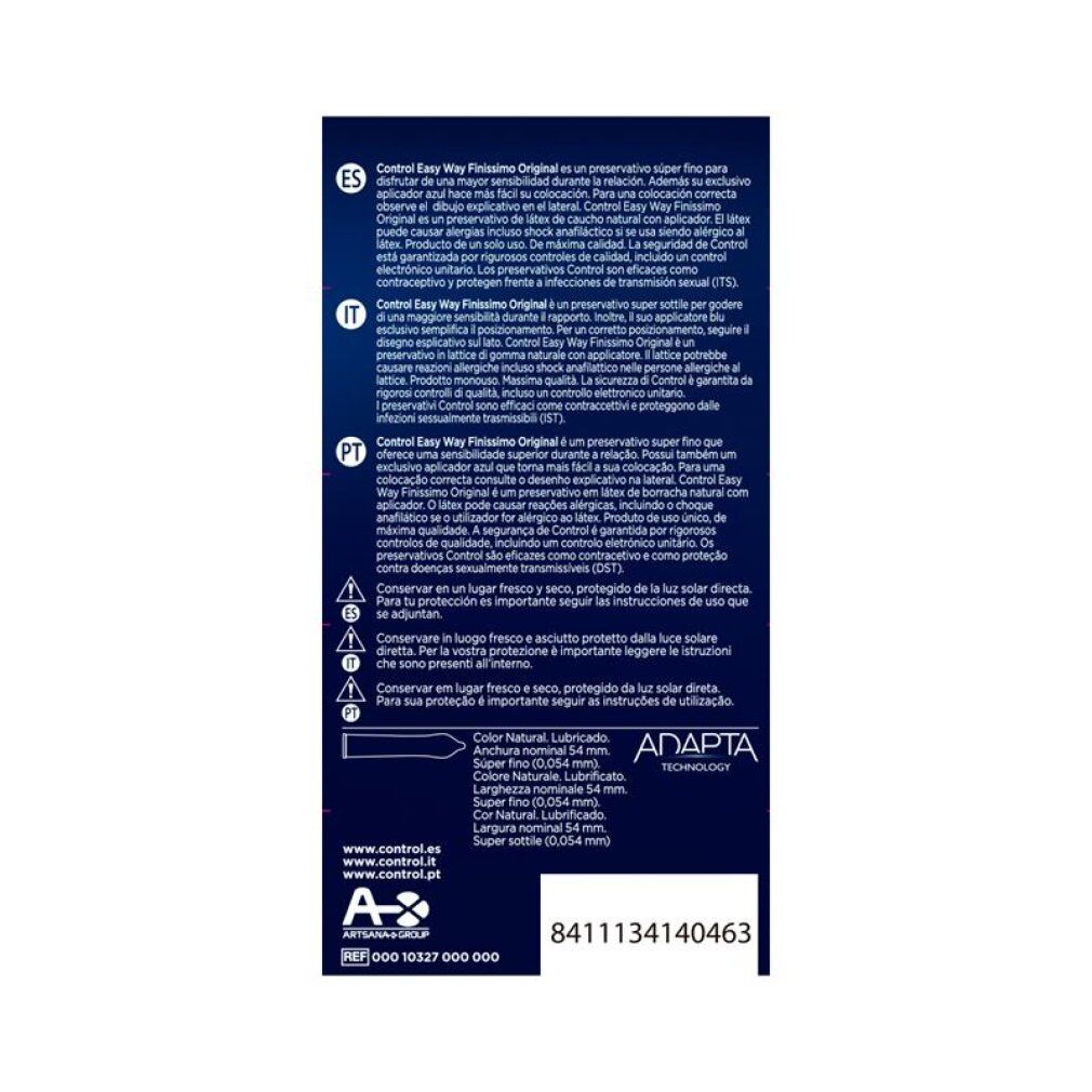 Rückseite einer Packung Control Finissimo Original Kondome. Enthält Produktinformationen und Spezifikationen.