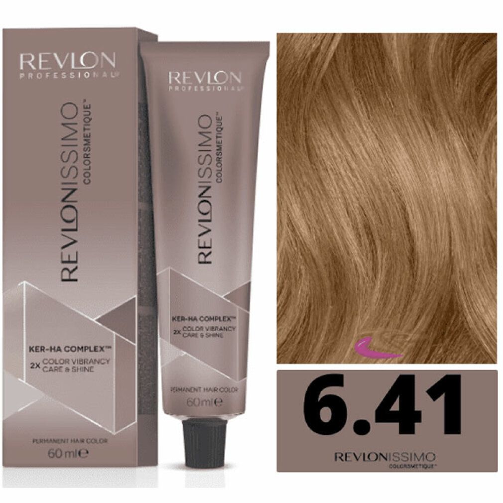 Haarfarbe Revlon Revlonissimo Colorsmetique 66,60. Tube und Verpackung. Farbton 6.41. Haarsträhne in Hellbraun.