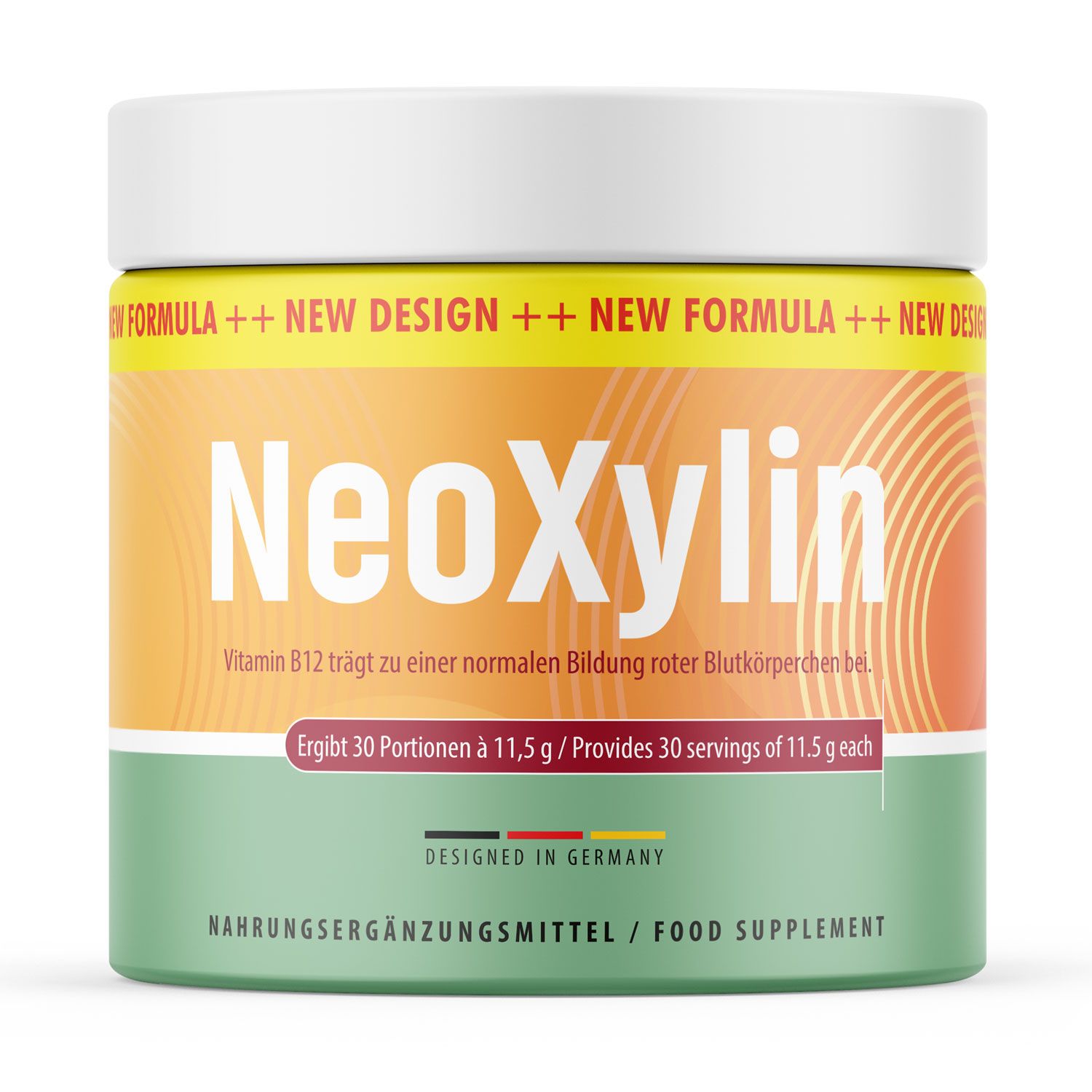 NeoXylin Pulver Dose mit orange-grünem Etikett, Vitamin B12 für normale Blutbildung.