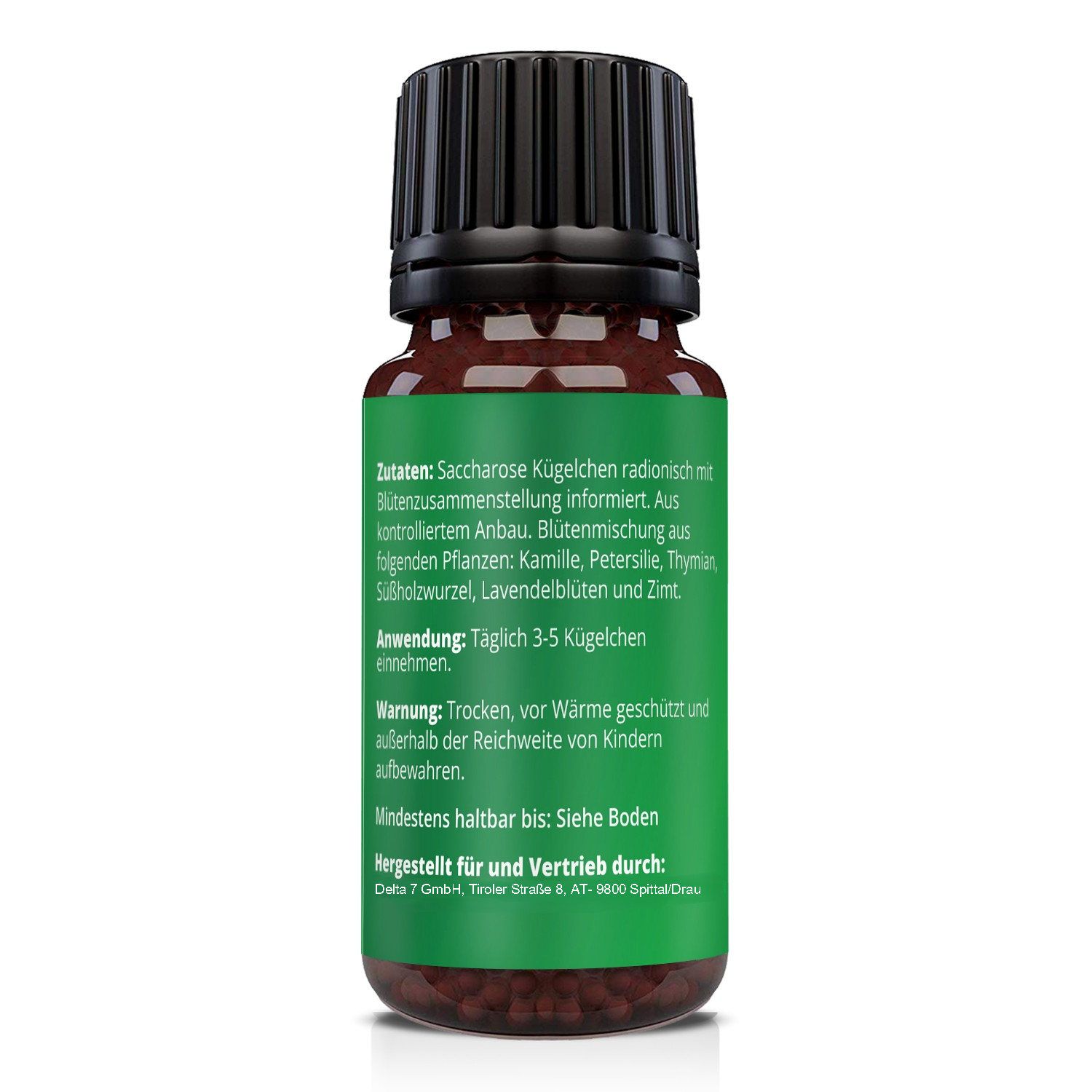 Rückseite der braunen Glasflasche mit schwarzem Deckel. Text: Zutaten, Anwendung, Warnung. Mindestens haltbar bis: Siehe Boden.