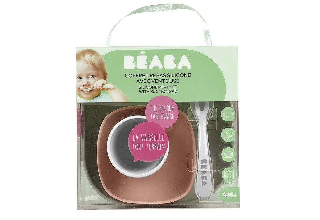 BEABA Geschirrset in Verpackung. Enthält Teller, Schüssel, Löffel. Transparente Verpackung mit Griff.