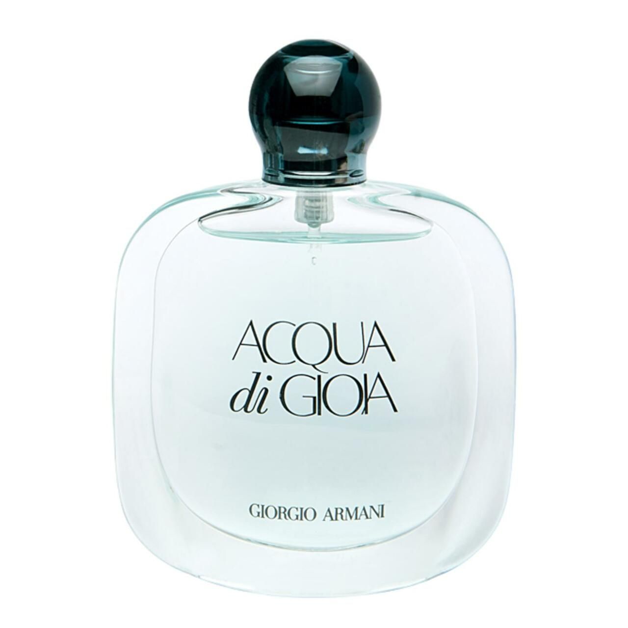 Runder Flakon mit schwarzem Verschluss. Aufschrift: ACQUA di GIOIA, Giorgio Armani.