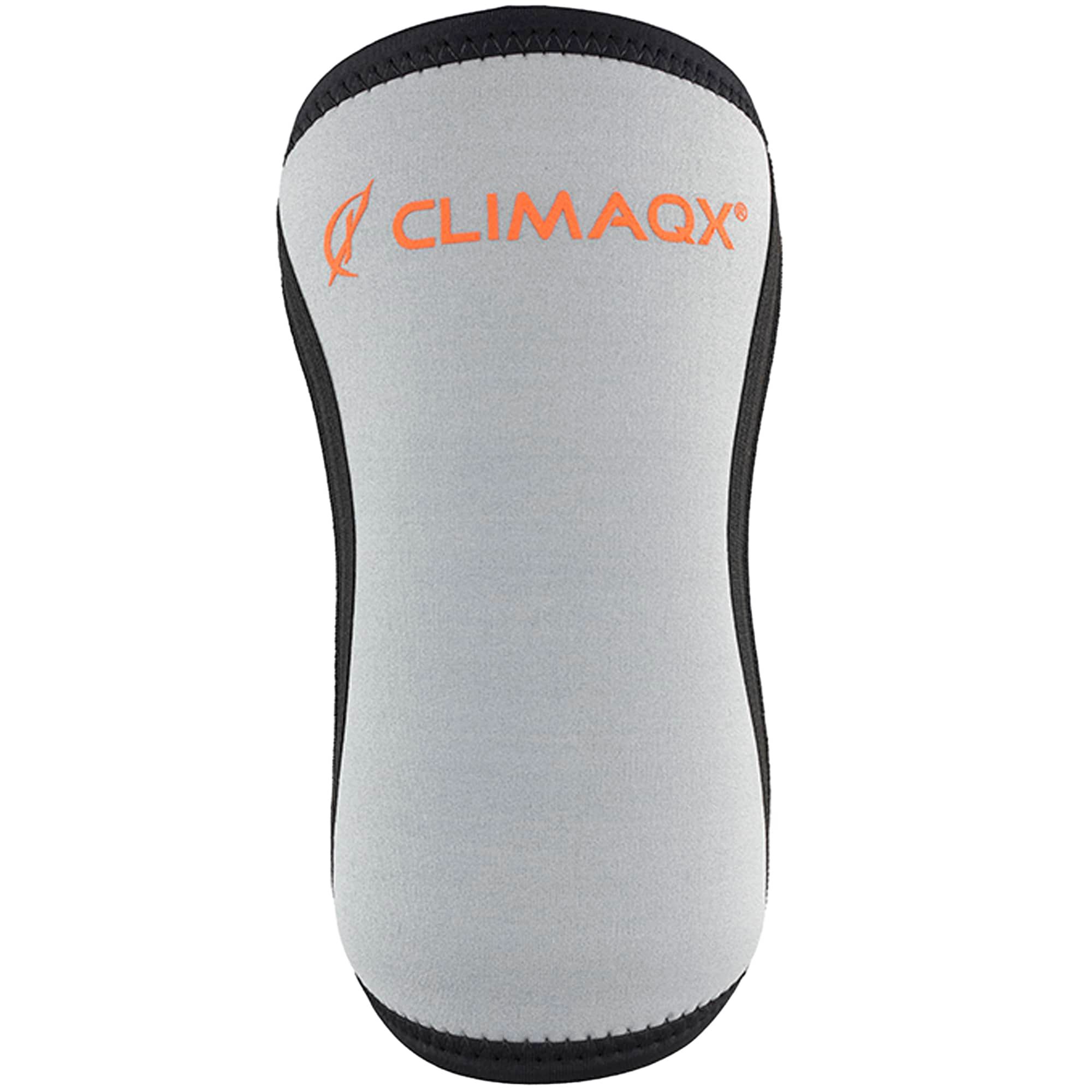 Kniebandage, grau-schwarz. Orangefarbener Schriftzug CLIMAQX. Schwarze Ränder.
