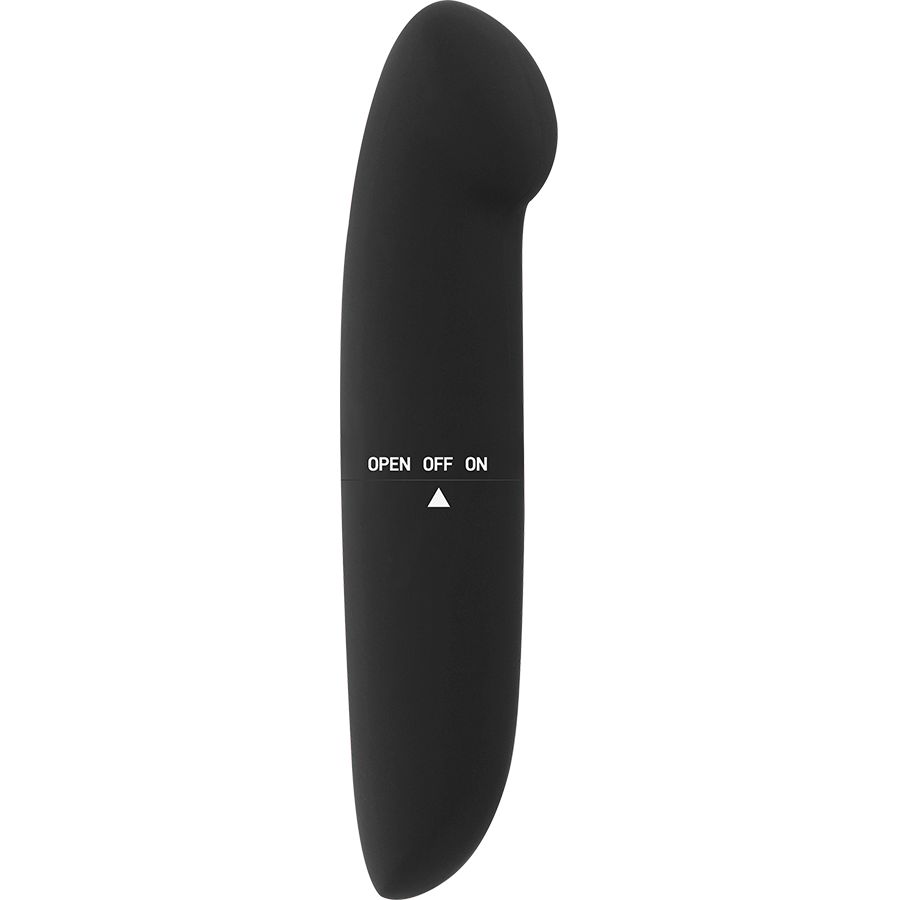 Schwarzer Vibrator mit abgerundeter Form. Auf der Oberfläche sind die Beschriftungen "OPEN OFF ON" zu sehen.