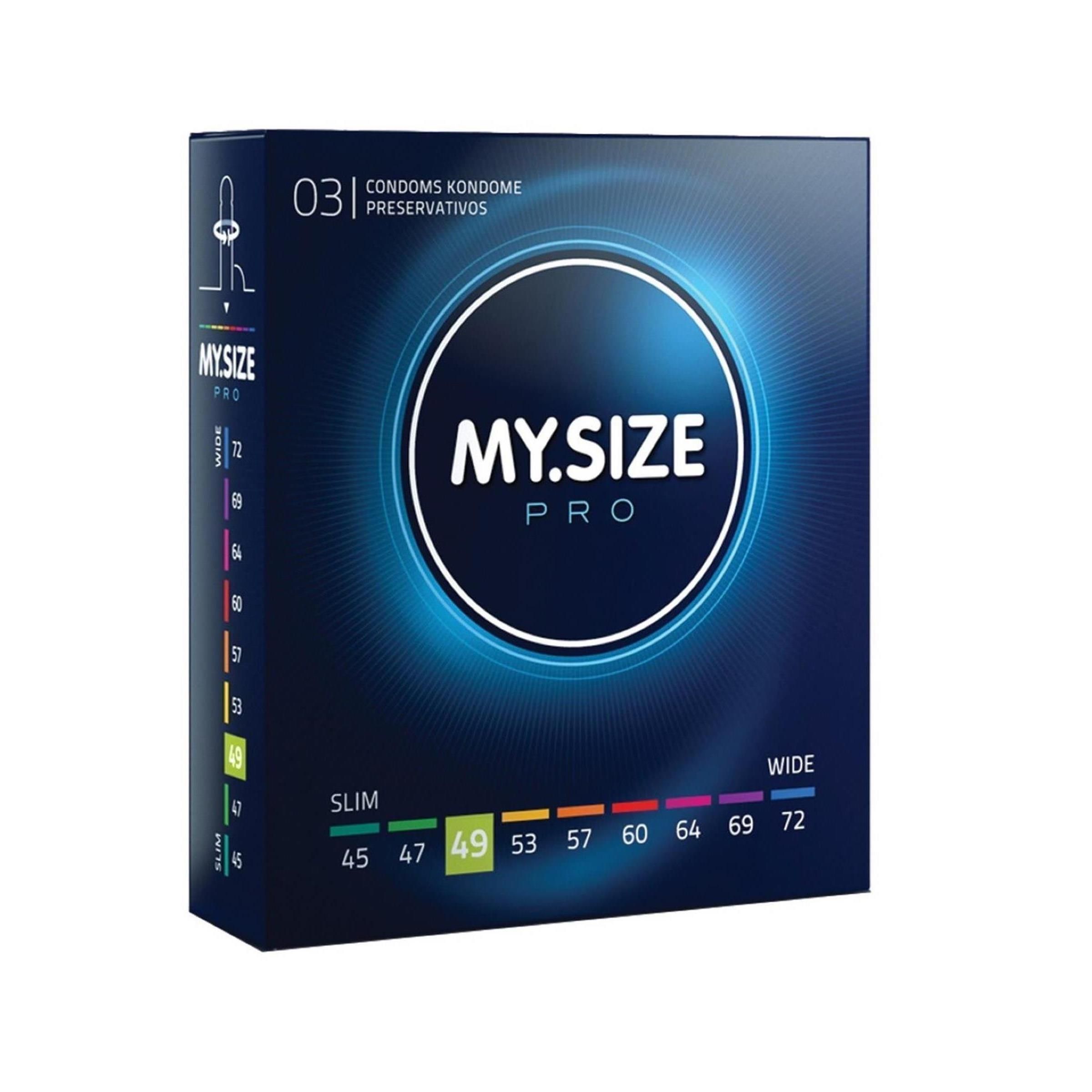 Dunkelblaue Schachtel mit MY.SIZE PRO. Aufdrucke: 49mm, Slim bis Wide. Oben: 03, Kondome. Seitlich: Größenangaben.