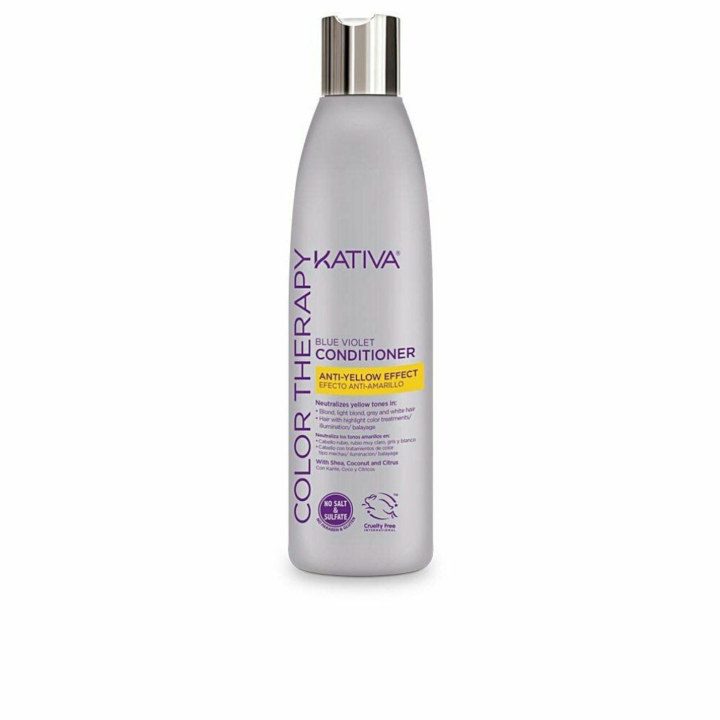 Flasche Kativa Blue Violet Conditioner. Graue Flasche mit silbernem Deckel. Lila und gelbe Beschriftung.