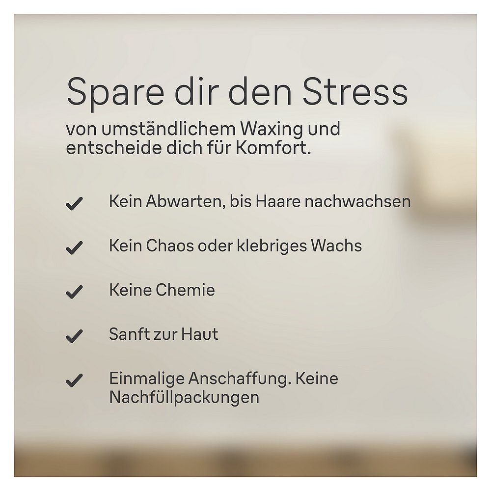 Liste mit Vorteilen: Kein Warten, kein Chaos, keine Chemie, sanft, einmalige Anschaffung.