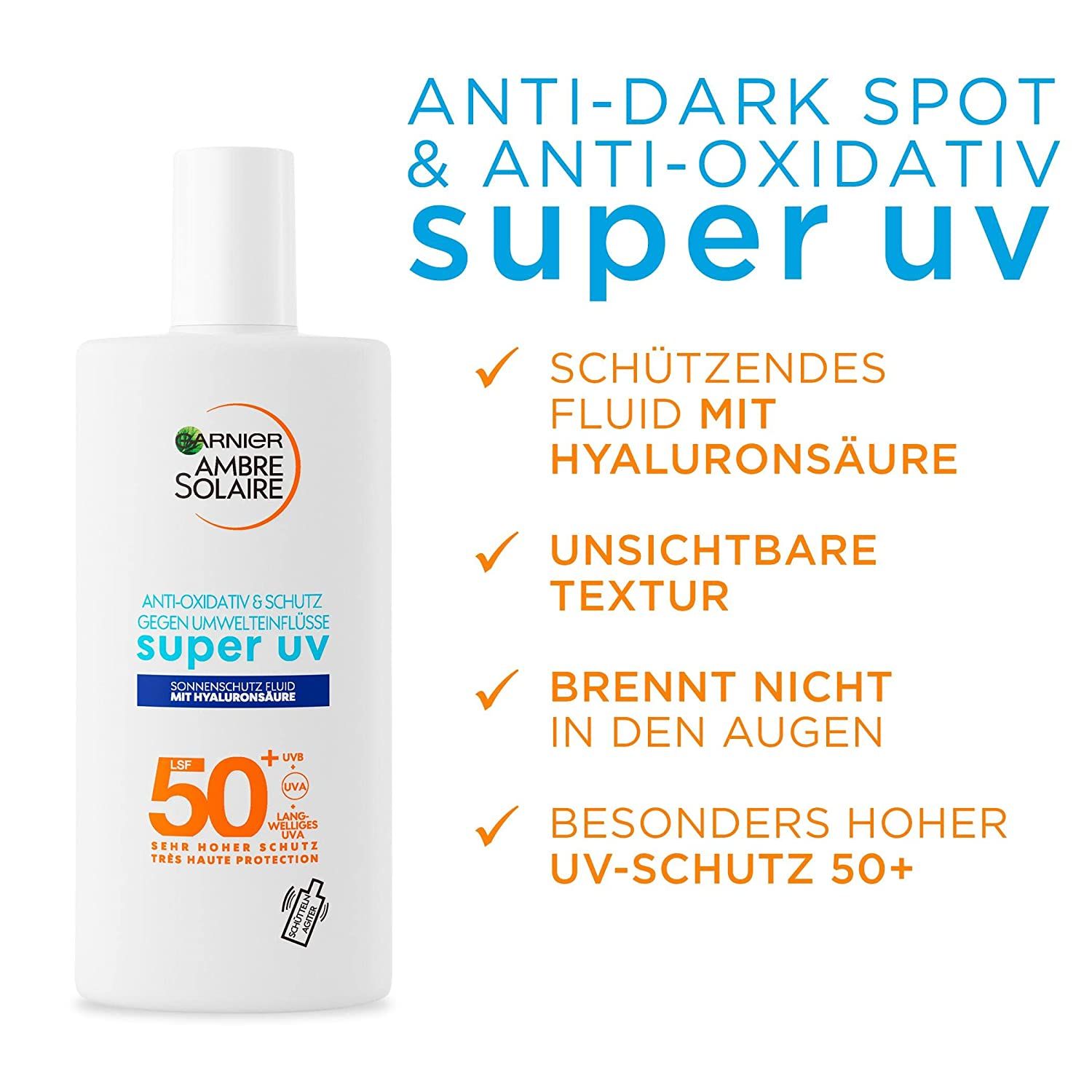 Garnier Ambre Solaire Super UV Sonnenschutz-Fluid. Weiße Flasche mit blauem und grünem Text. LSF 50+.