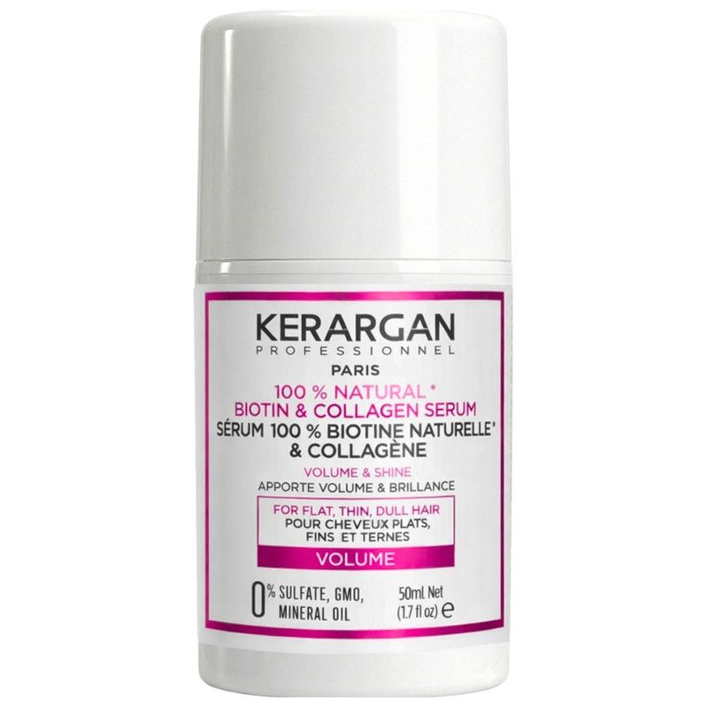 Weißer Flakon mit rosa Etikett. Aufschrift: Kerargan, Biotin & Collagen Serum. Für Volumen und Glanz. 50ml.