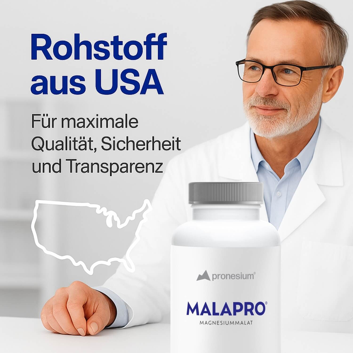 Mann mit Brille. Text: Rohstoff aus USA. Flasche: pronesium, MALAPRO, 200 Kapseln. USA-Umriss.