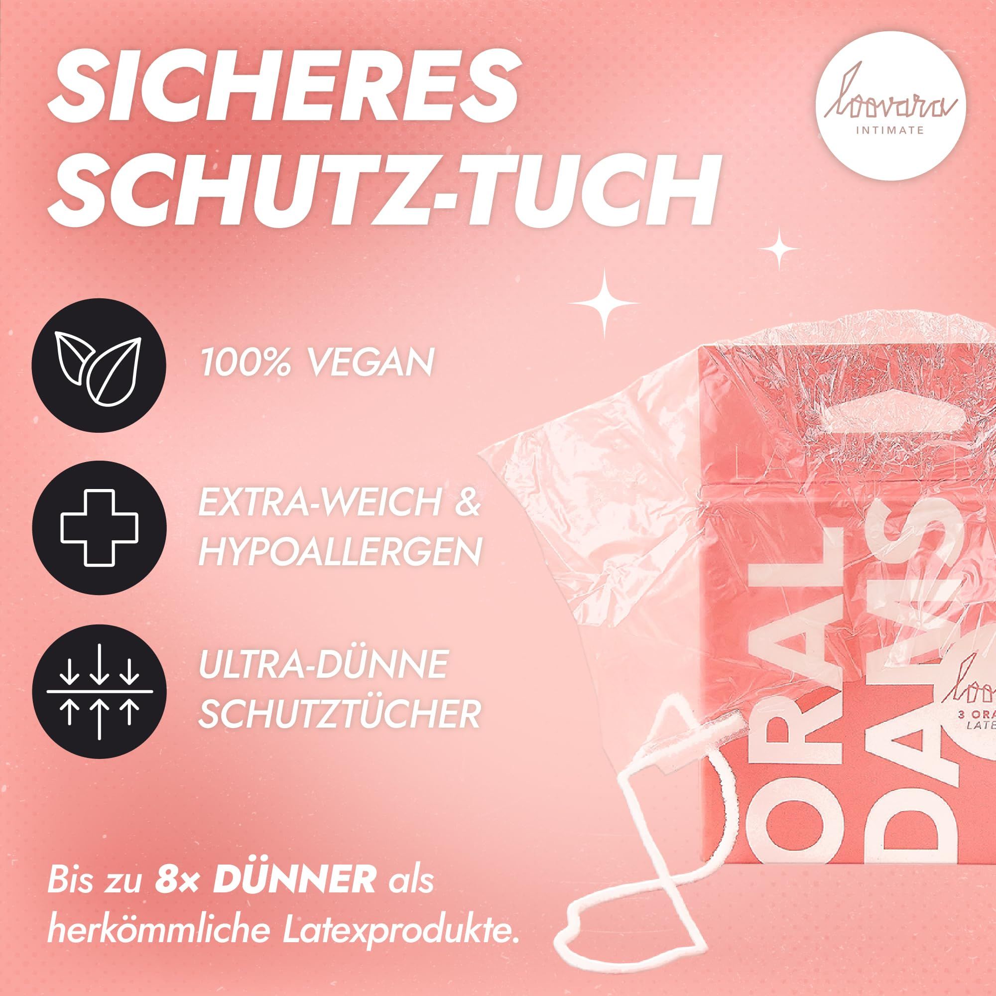 Loovara Oral Dams: 100% vegan, extra weich, hypoallergen, ultra-dünn, latexfrei.