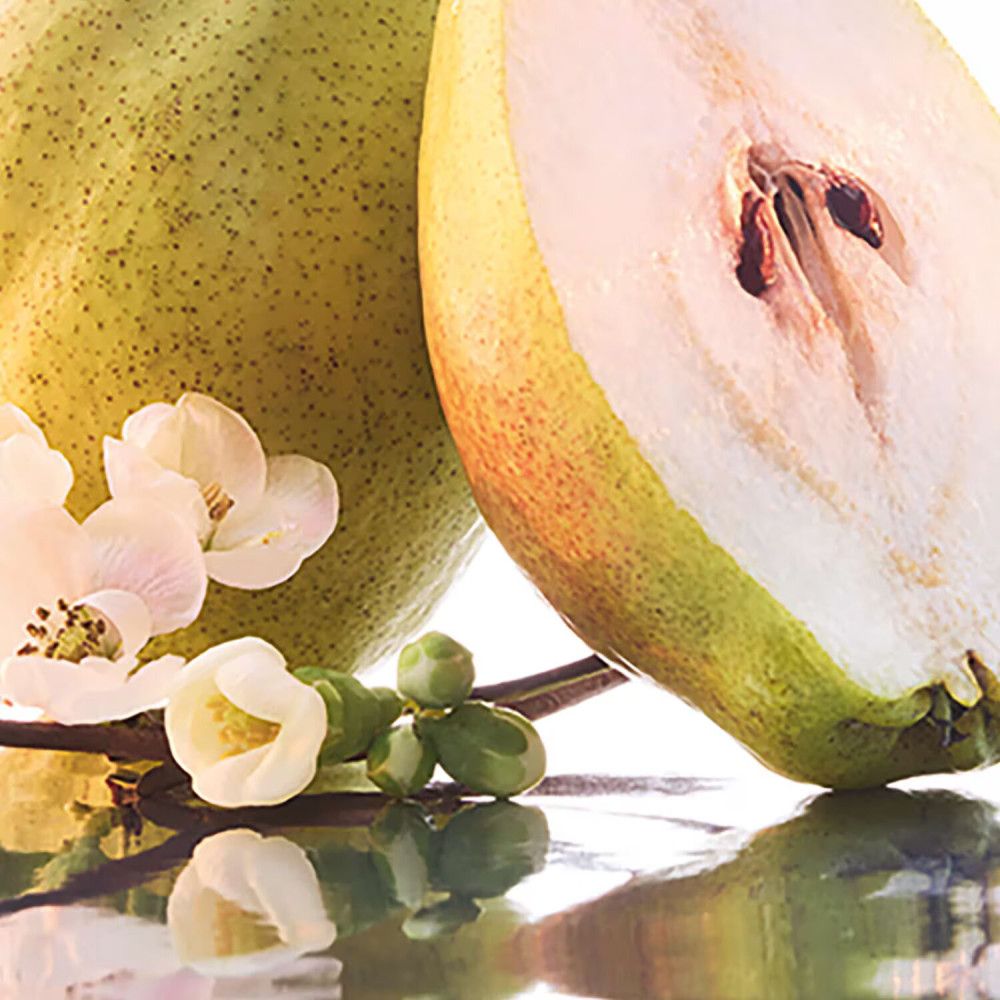 Nahaufnahme einer Birne, angeschnitten. Weiße Blüten und Knospen daneben. Reflektierender Hintergrund.