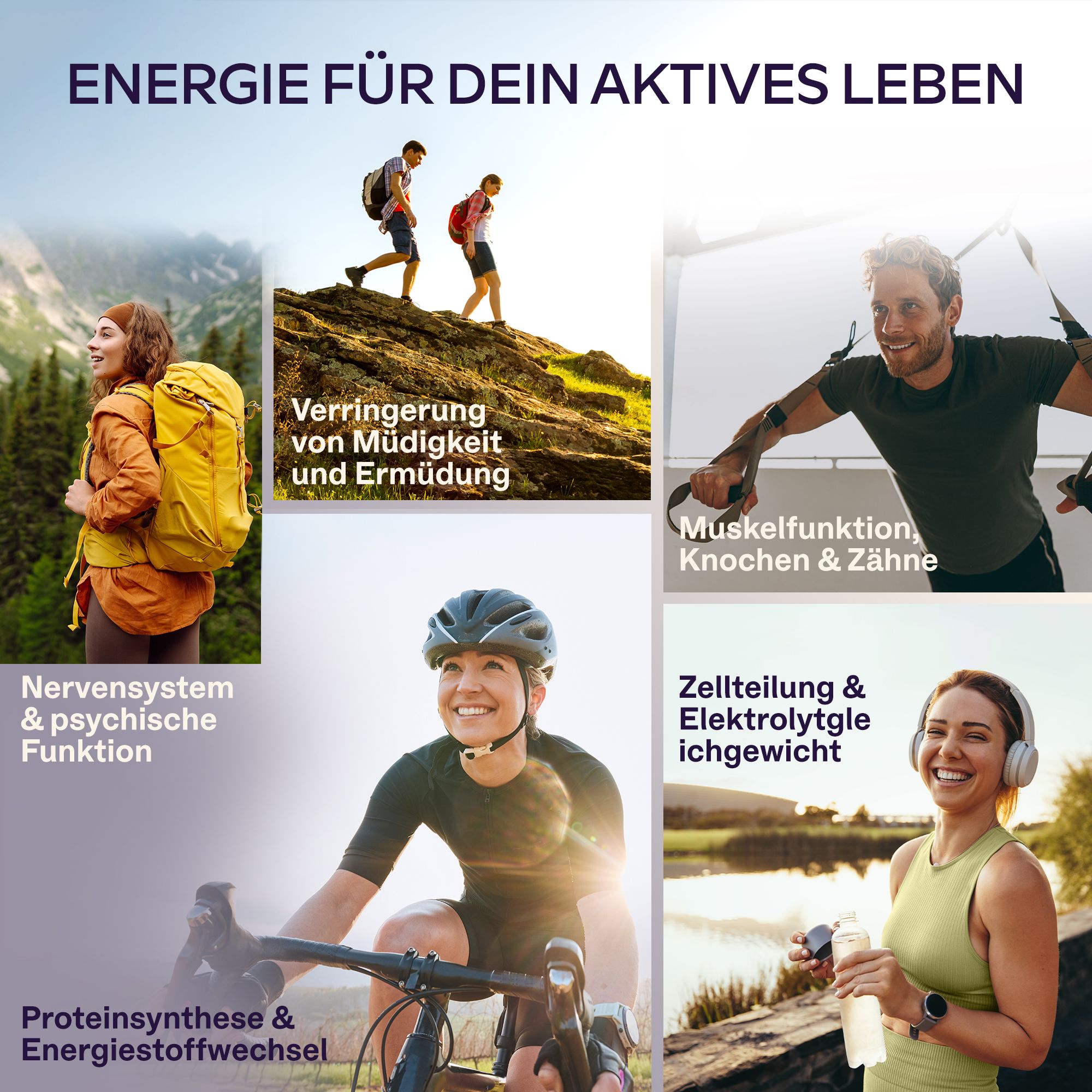 Collage: Aavalabs Magnesium Komplex unterstützt aktives Leben (Nerven, Muskeln, Energie).