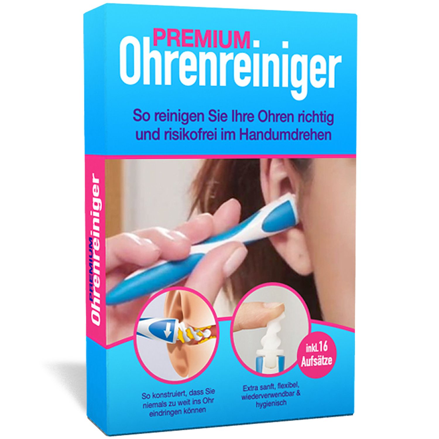 Blau-weiße Verpackung mit Produktabbildung und Text: PREMIUM Ohrenreiniger. Inkl. 16 Aufsätze. Hand zeigt Anwendung.