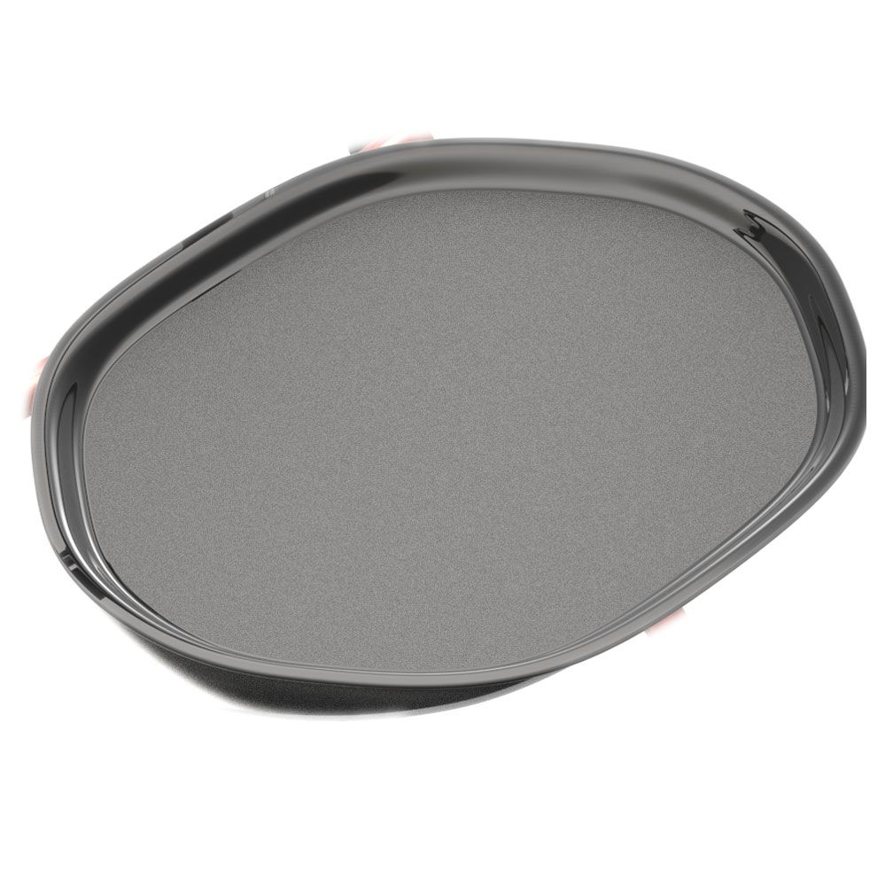 Graues Tablett mit abgerundeten Ecken. Metall. Oberseite mit matter Oberfläche.
